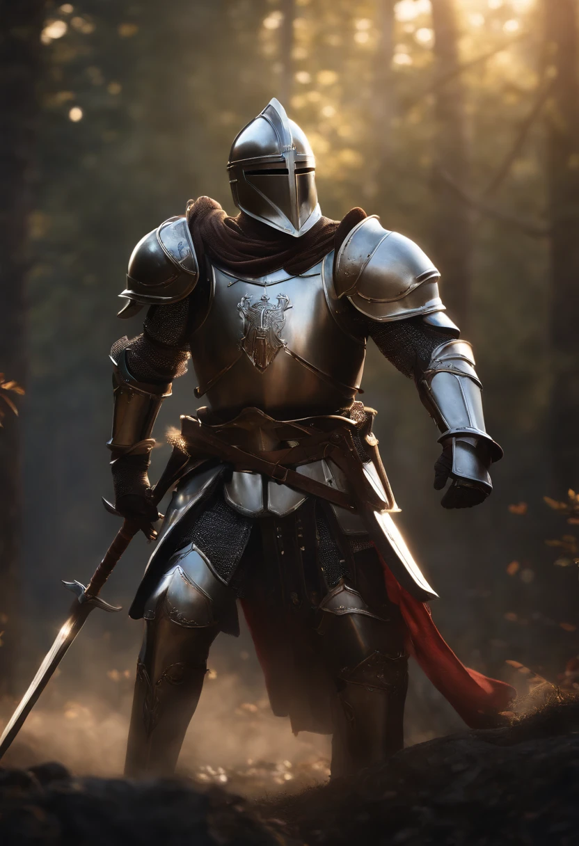 Knight in shining armor, heroic pose, majestic, realistic, detailed armor, dramatic lighting, dynamic composition, digital painting by Greg Rutkowsky and ArtStation trending, 4k resolution, epic cinematic concept art, powerful presence.