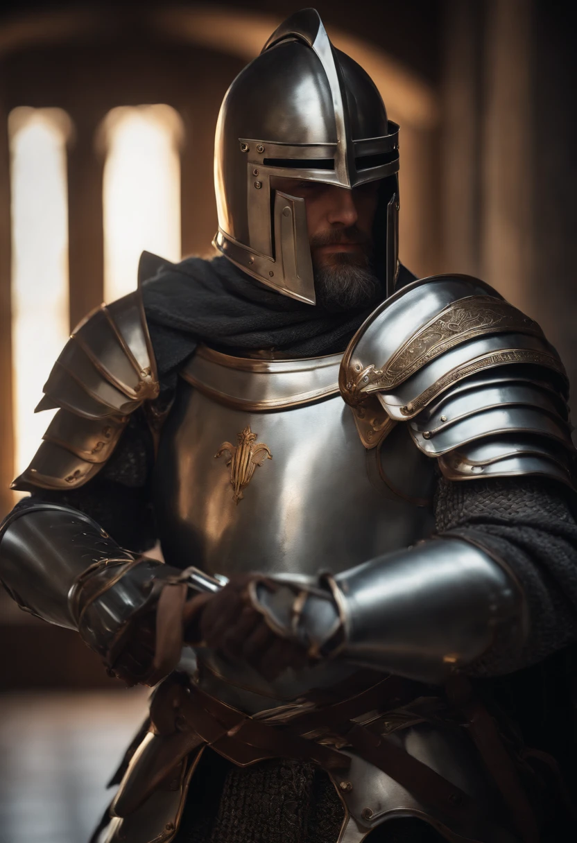 Knight in shining armor, heroic pose, majestic, realistic, detailed armor, dramatic lighting, dynamic composition, digital painting by Greg Rutkowsky and ArtStation trending, 4k resolution, epic cinematic concept art, powerful presence.