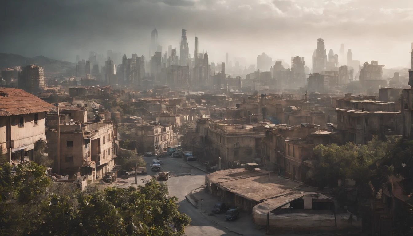 A vista de uma estrada, an apocalyptic city with Cyberpunk style.