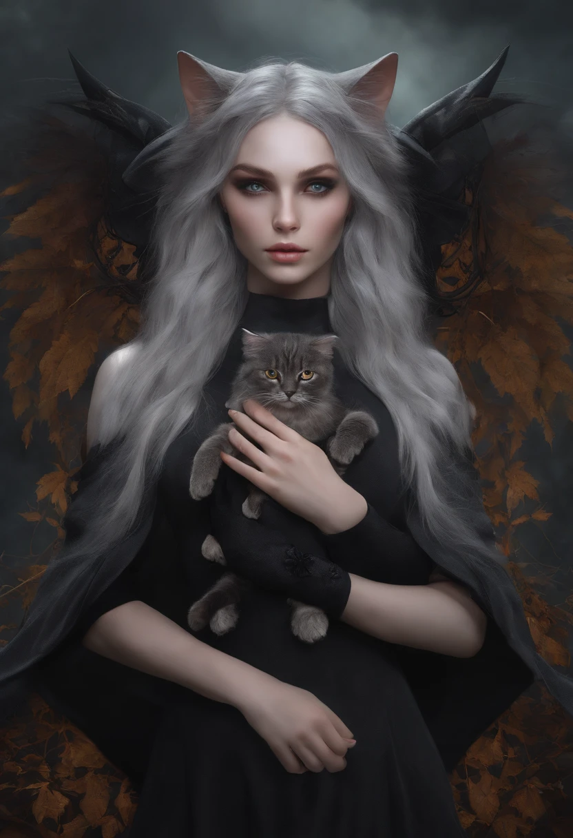 Cat witch girl with ashen hair and gray eyes with four arms