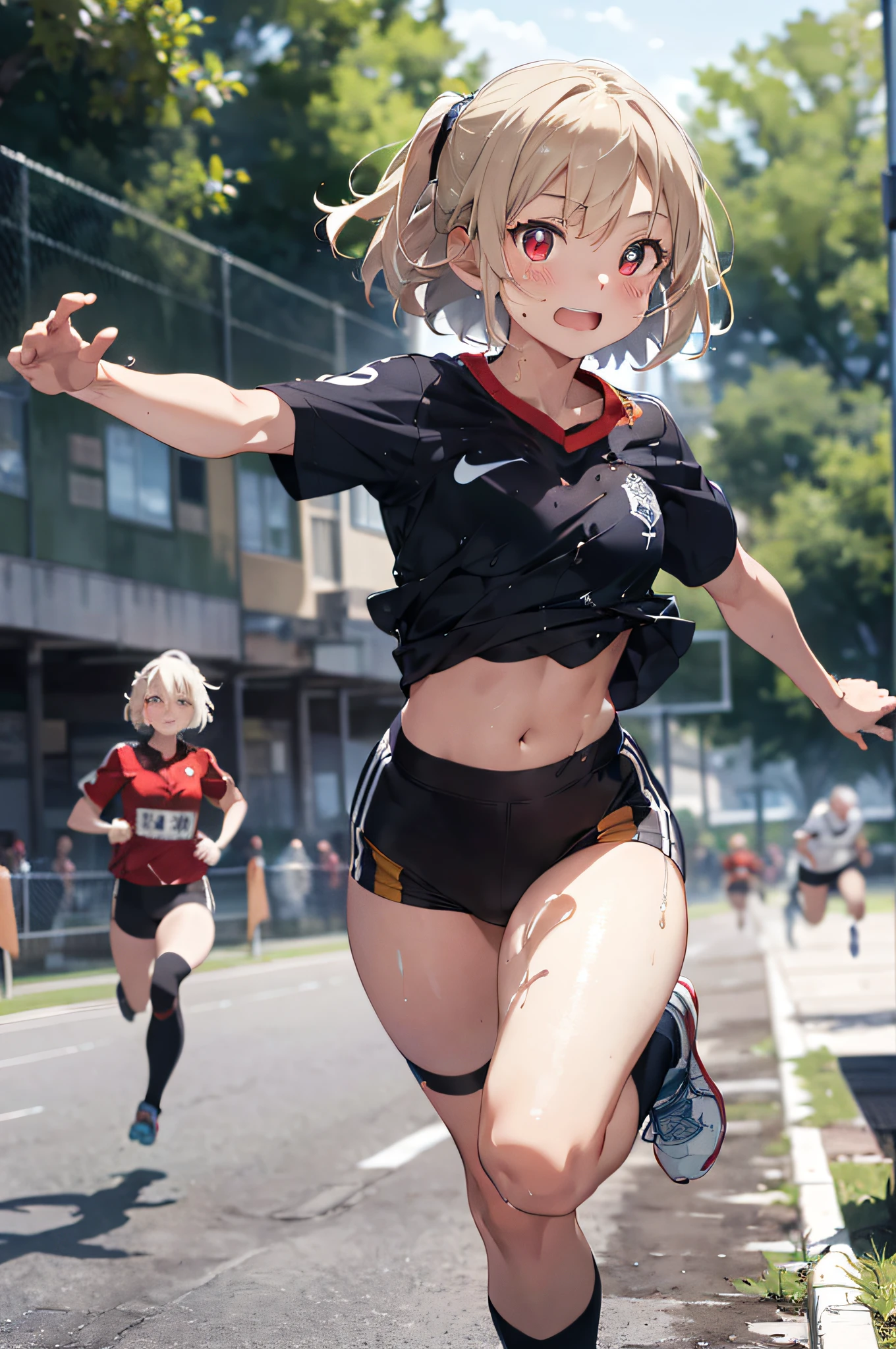 (top-quality、in 8K、32K、masterpiece、nffsw、超A high resolution、Impresionismo、Photorealsitic:1.2)、Angle from above、High angle、cowboy shot、foco nítido、detailed faces and eyes、school ground、Strong sunshine、beauitful face、blurry backround、shinny skin、Sharp pupils、Realistic pupils、 school ground、beauitful face、blurry backround、18 year old beautiful girl、shinny skin、short-hair、Platinum blonde beautiful hair、Red Eyes、(Sports Day Costume、Running:1.3)、thighs thighs thighs thighs、Curve、Dynamic Poses、Navel Ejection、wetted skin、wetting hair、Powerful composition