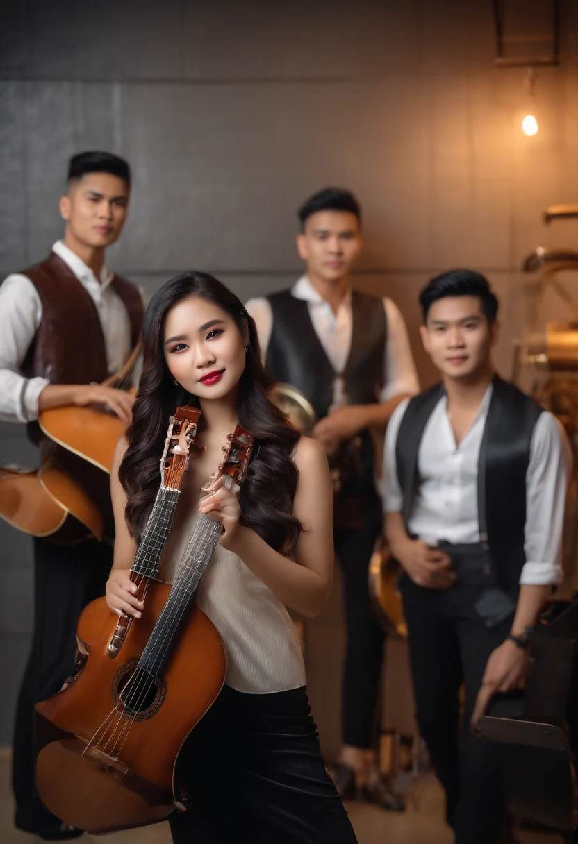 A beautiful Thai female singer and three Thai male musicians, each holding musical instruments, are posing for photos in a modern music practice room, HDR-enhanced, captured-in-Large-Format, shot-with-tilt-shift-lens