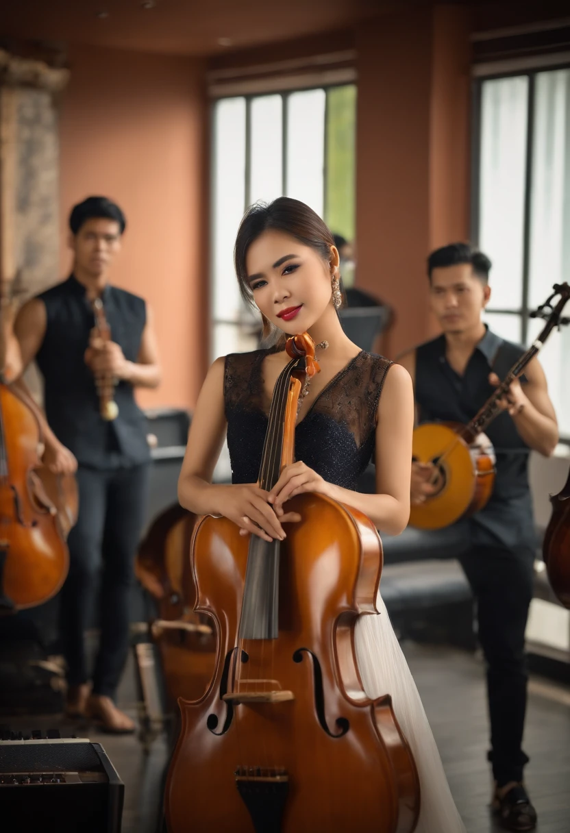 A beautiful Thai female singer and three Thai male musicians, each holding musical instruments, are posing for photos in a modern music practice room, HDR-enhanced, captured-in-Large-Format, shot-with-tilt-shift-lens