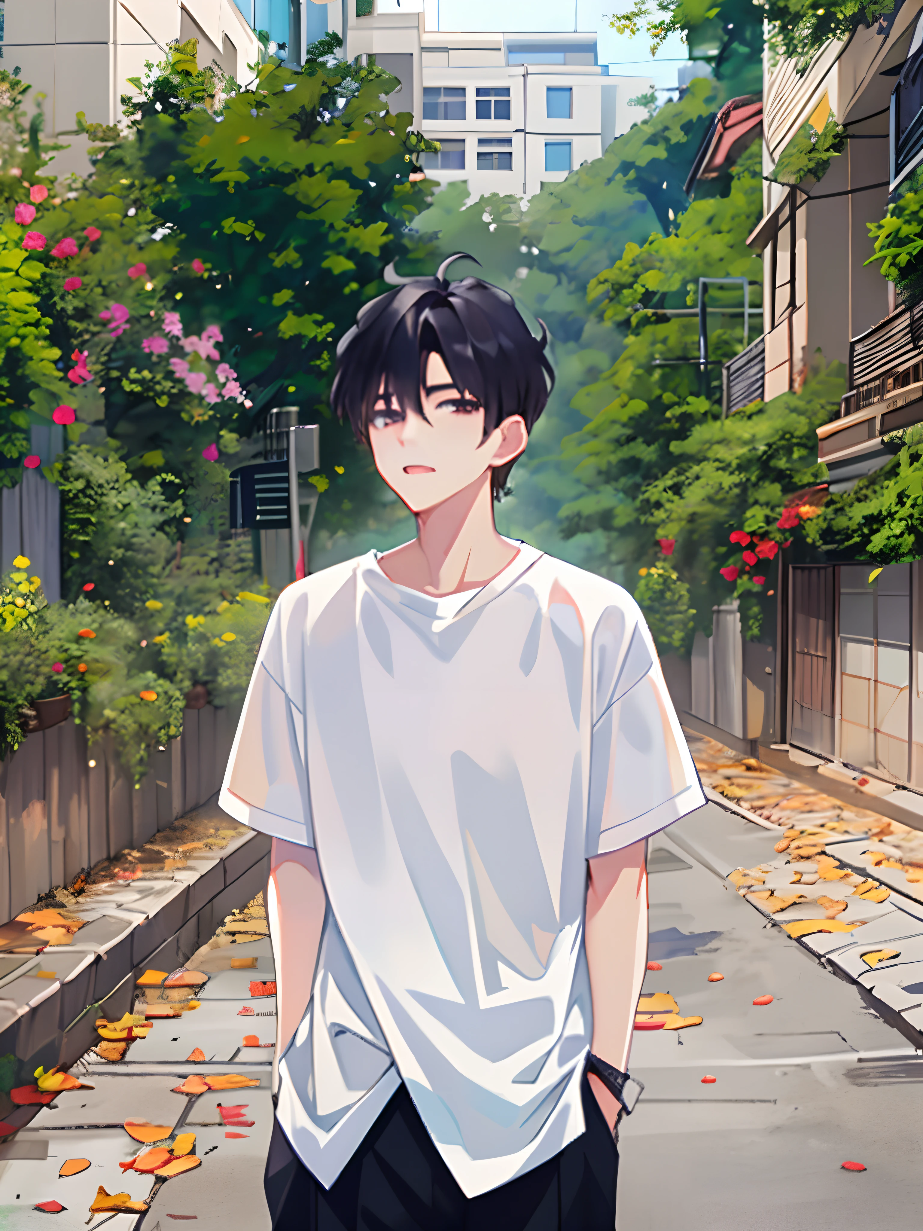 anime boy standing in the middle of a street with a white shirt, inspired by Bian Shoumin, handsome anime pose, young anime man, anime lush john 8k woods, anime handsome man, inspired by Kun Can, anime portrait of a handsome man, in an anime style, male anime style, lofi portrait, in anime style