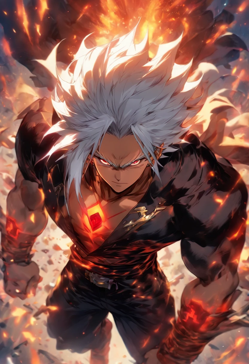 a male anime character with white hair and red eyes, character album cover, full art, antasy character, full art illustration, full portrait of elementalist, character profile art, official character art, official character illustration, merlin, high detailed official artwork, game key art, omoide emanon, oz, mobile game art, fangs, smurk, white hair, no shirt, muscular body, walking pose