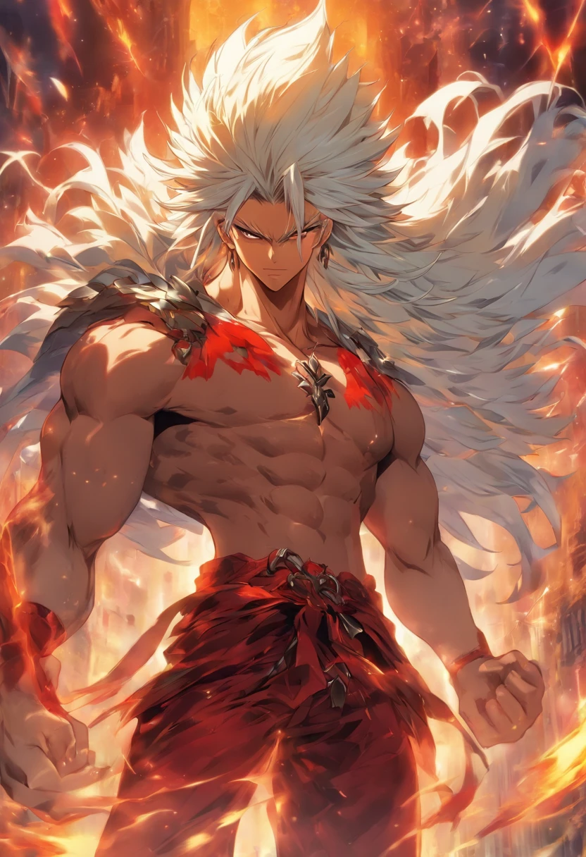 a male anime character with white hair and red eyes, character album cover, full art, antasy character, full art illustration, full portrait of elementalist, character profile art, official character art, official character illustration, merlin, high detailed official artwork, game key art, omoide emanon, oz, mobile game art, fangs, smurk, white hair, no shirt, muscular body, walking pose
