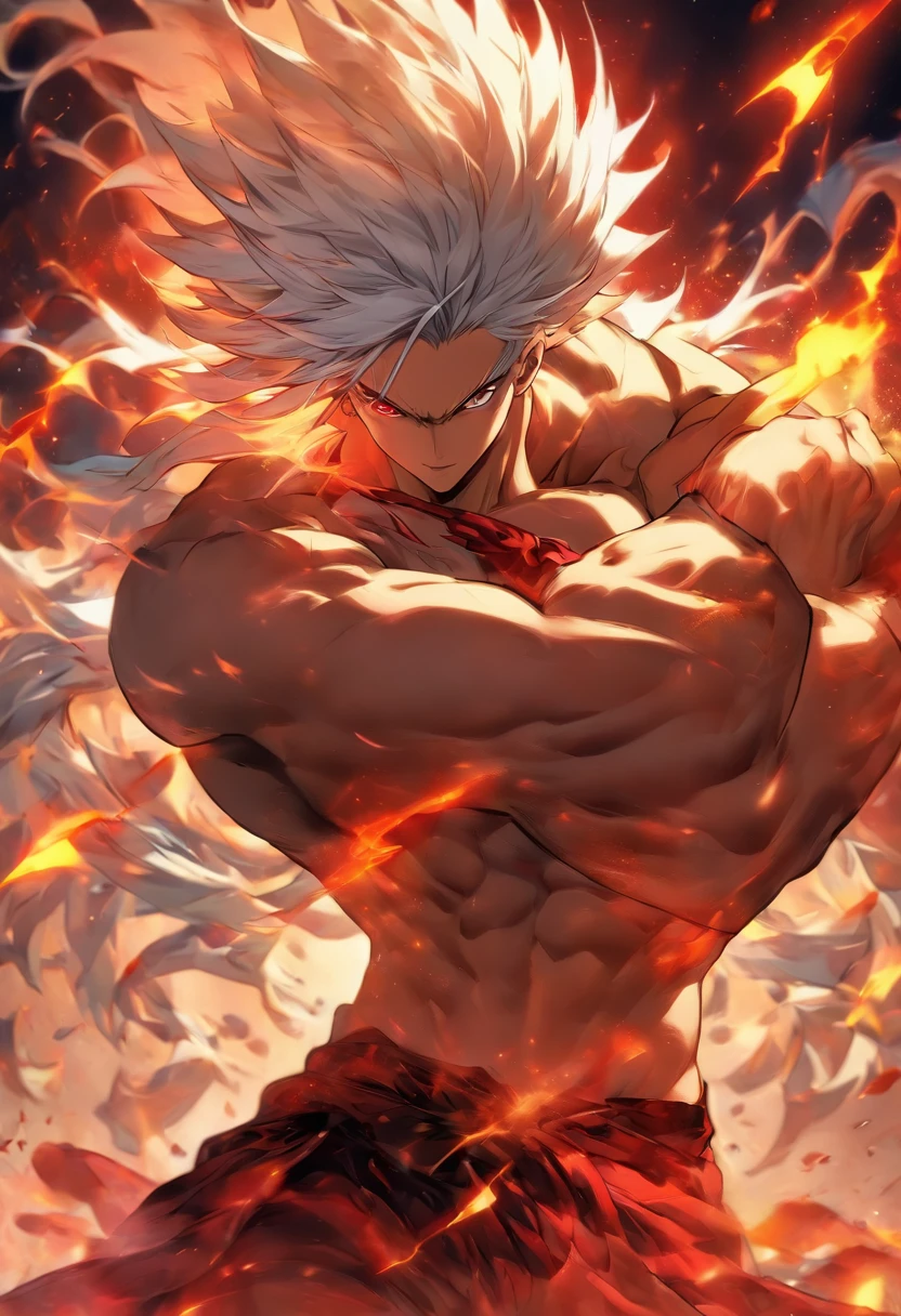 a male anime character with white hair and red eyes, character album cover, full art, antasy character, full art illustration, full portrait of elementalist, character profile art, official character art, official character illustration, merlin, high detailed official artwork, game key art, omoide emanon, oz, mobile game art, fangs, smurk, white hair, no shirt, muscular body, walking pose