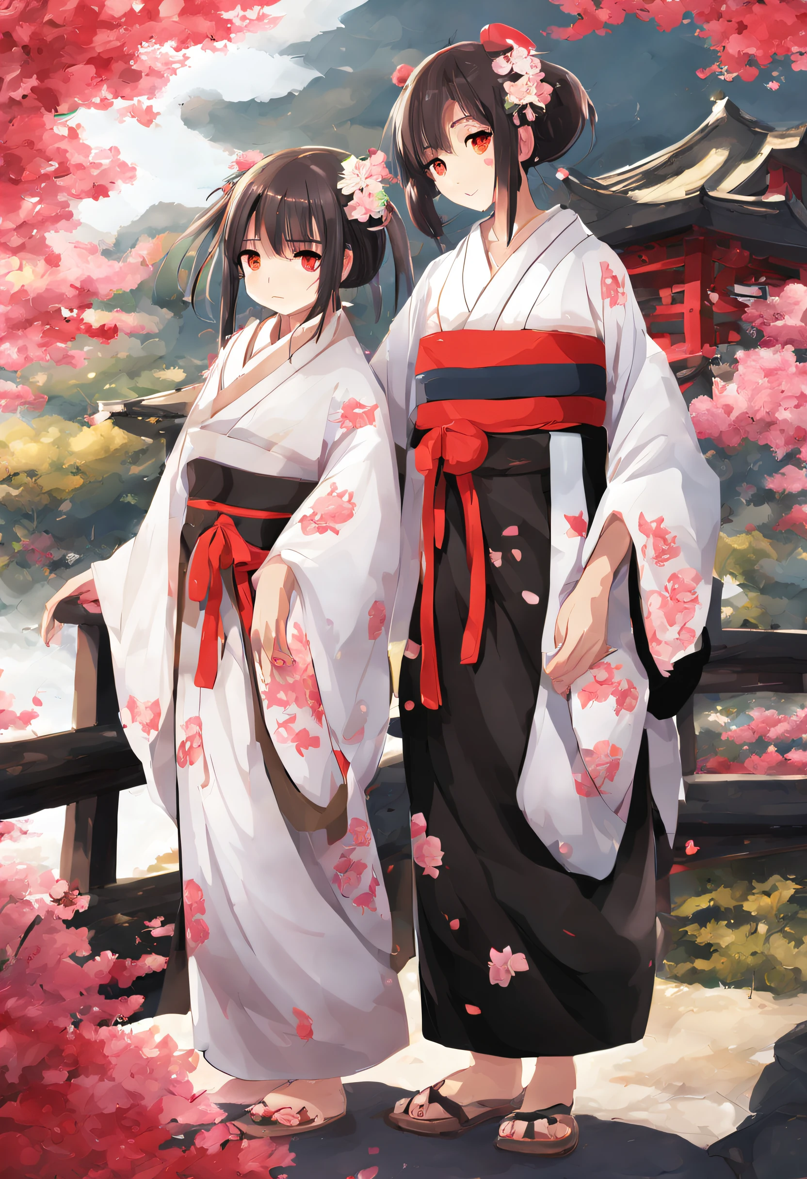 ((masutepiece,Best Quality)),2girls, Black kimono, Black legwear, a black ribbon, Black hair, cherryblossom, day, flower, Hair bun, Hair Ribbon, komono, Kimono, Long hair, Looking at Viewer, Looking back , Multiple girls, a belt, Outdoors, Red Eyes, Red hair, bow ribbon, Sandals, single bun, stairs, Standing, Statue, torii, tree, White kimono, Yellow eyes