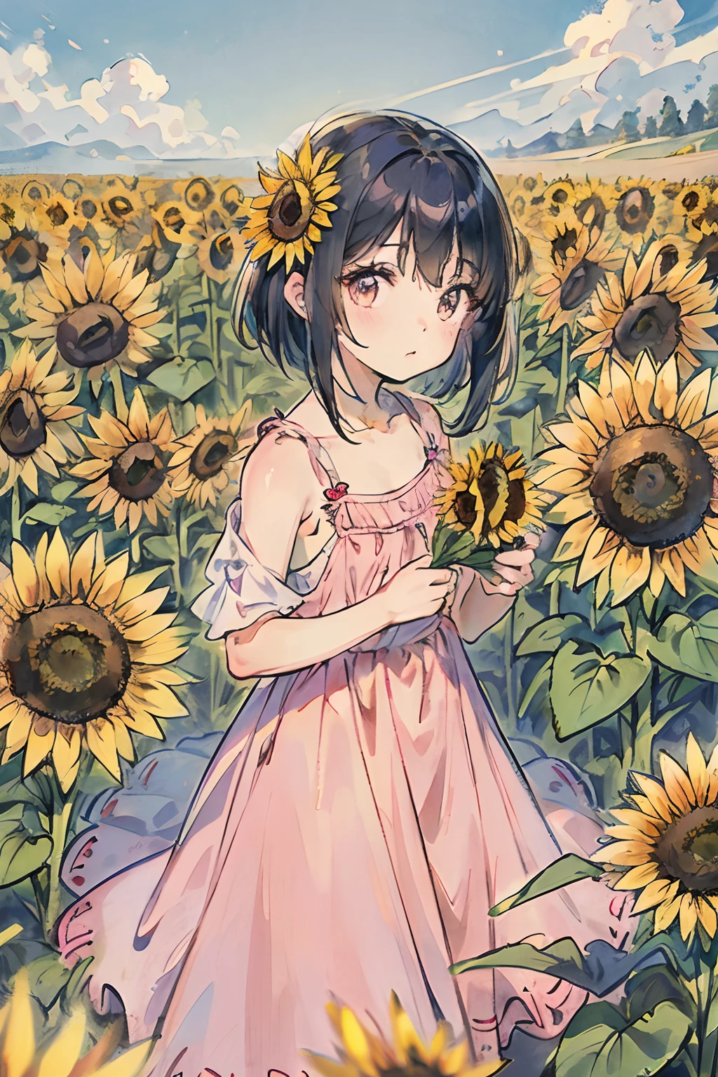 sunflowers fields,Wide blue sky,A little boy(The long-haired,big eye),tiny girl(Pink dress,short-hair,big eye),Sunflower in girl's hands