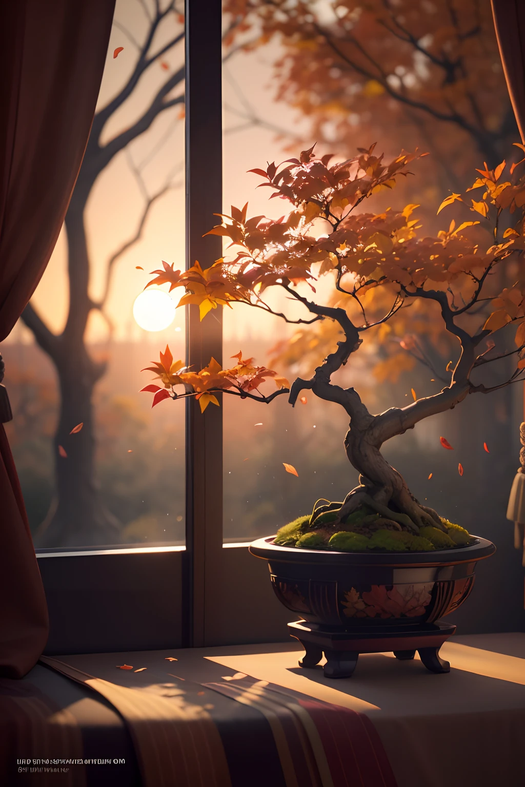 Colored leaves、Trees with autumn leaves、Beautiful autumn leaves,Ultra-exquisite details, intricate detailes, Cinematic, Hyper Real Soft Light, Sunset lighting, Diffuse Soft Light, Shallow depth of field, Sharp focus bokeh, Ray tracing, Subsurface scattering, Super Detail, (meticulous, Super refined) , Surreal realism, Bonsai on the windowsill, evening, Sunset, Bonsai illuminated by the setting sun, plant, potted plant, still-life, Autumn, Autumn leaves, stone garden, potted plant, Haze, masters , Award-Winning Works