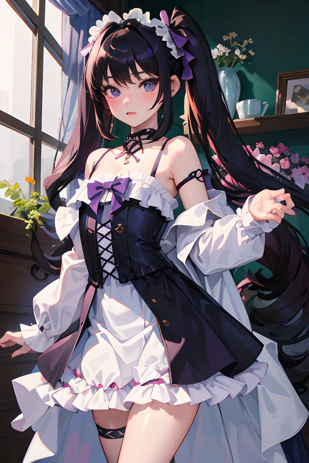 （​masterpiece，Highest Quality），(child)，a miniskirt，Purple Lolita Clothes，(A dark-haired，Twin-tailed)，embarrassed from，Delicate body，petite body，Shoulder