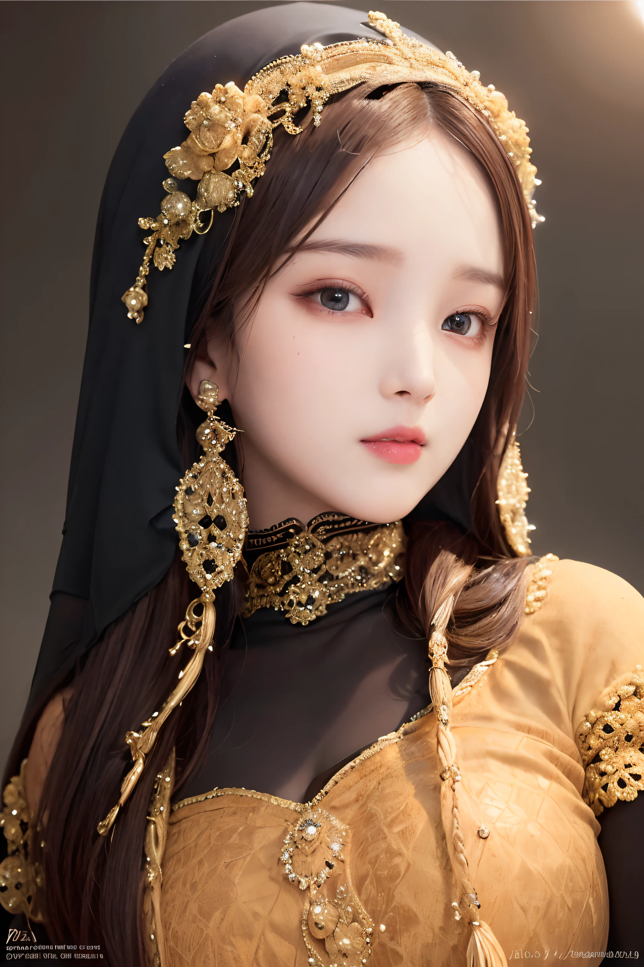 best quality, masterpiece, (realistic:1.2), 1 girl, brown hijab, brown eyes,Front, detailed face, beautiful eyes, blured background, half body