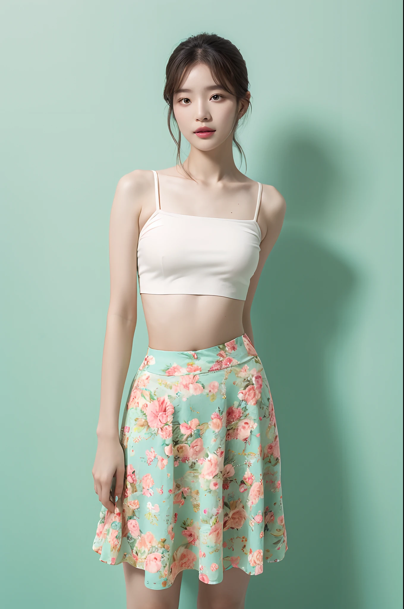 a woman in a floral crop top and mint skirt posing for a picture, croptop, crop top, bralette, wearing white camisole, bae suzy, wearing a camisole, physical : tinyest midriff ever, gorgeous young korean woman, heonhwa choe, cutecore, lulu chen, reluvy5213