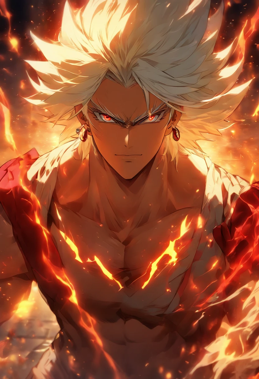 a male anime character with white hair and red eyes, character album cover, full art, antasy character, full art illustration, full portrait of elementalist, character profile art, official character art, official character illustration, merlin, high detailed official artwork, game key art, omoide emanon, oz, mobile game art, fangs, smurk, white hair, no shirt, muscular body, walking pose