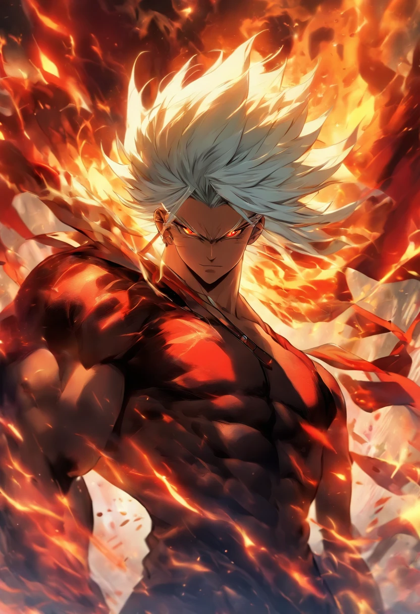 a male anime character with white hair and red eyes, character album cover, full art, antasy character, full art illustration, full portrait of elementalist, character profile art, official character art, official character illustration, merlin, high detailed official artwork, game key art, omoide emanon, oz, mobile game art, fangs, smurk, white hair, no shirt, muscular body, walking pose