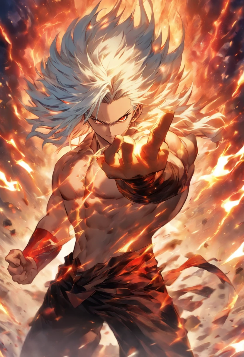 a male anime character with white hair and red eyes, character album cover, full art, antasy character, full art illustration, full portrait of elementalist, character profile art, official character art, official character illustration, merlin, high detailed official artwork, game key art, omoide emanon, oz, mobile game art, fangs, smurk, white hair, no shirt, muscular body, walking pose