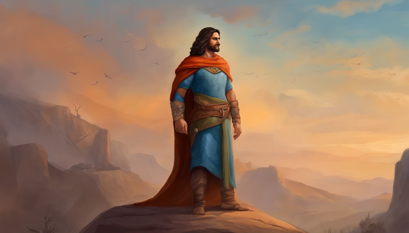 A hand-painted digital illustration of Samson, um homem musculoso com longos cabelos cacheados. He is wearing a blue robe that shows off his strong arms and legs. Samson is standing in a heroic pose, com as pernas afastadas e os punhos cerrados, looking determinedly into the distance. Her muscles are visible through her tunic, but not in an exaggerated way. Seus longos cabelos cacheados voam dramaticamente com o vento. The focus is on her powerful figure and courageous expression, Not in sexualization. The illustration has vibrant colors in earthy tones, com fundo simples. Art style similar to medieval tapestries.