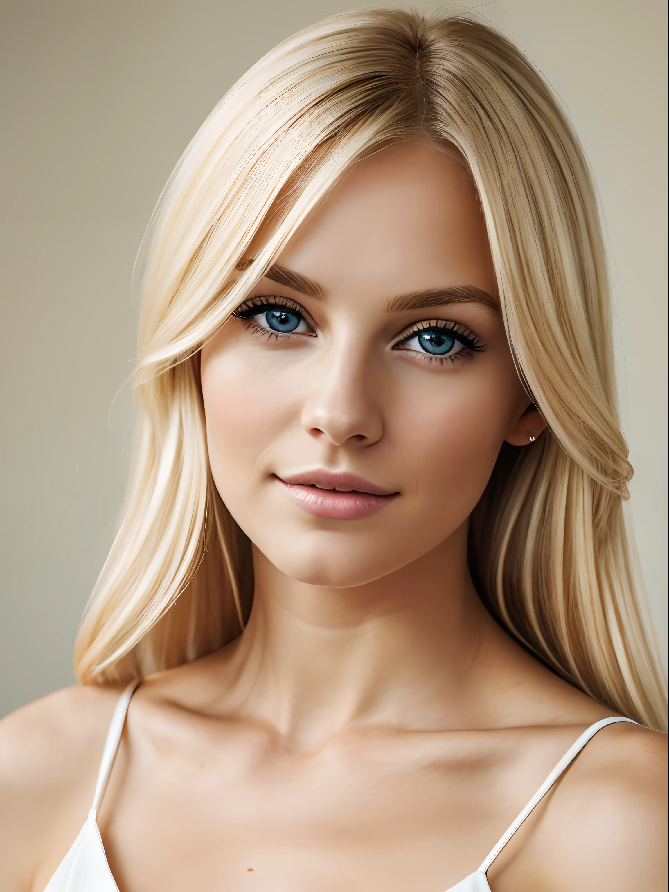 A realistic photo of a very beautiful blonde British woman, looking at the camera. Her face is glamorous. Eyes are bright and have a shine in it. Hair is very smooth. She is 25 years old. She should be very alluring.