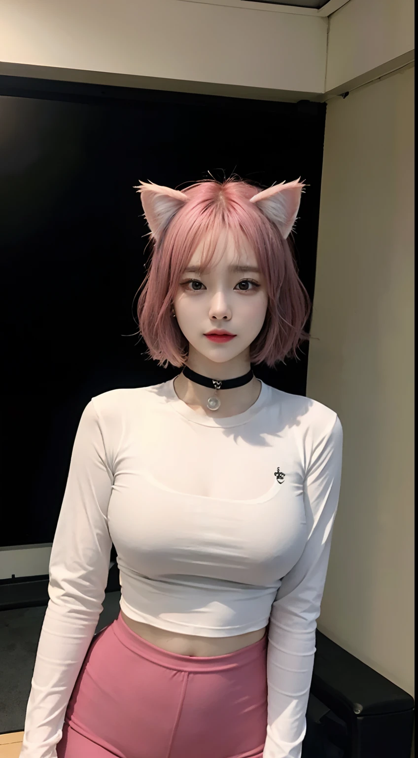 realisitic、top-quality、 1 人、Cat's ears、Pink hair,Short hair,Saliva、Choker、sports gym、Tight shirt with high neck long sleeves、Long pants leggings、houseplant、profetional lighting、large boob、black walls