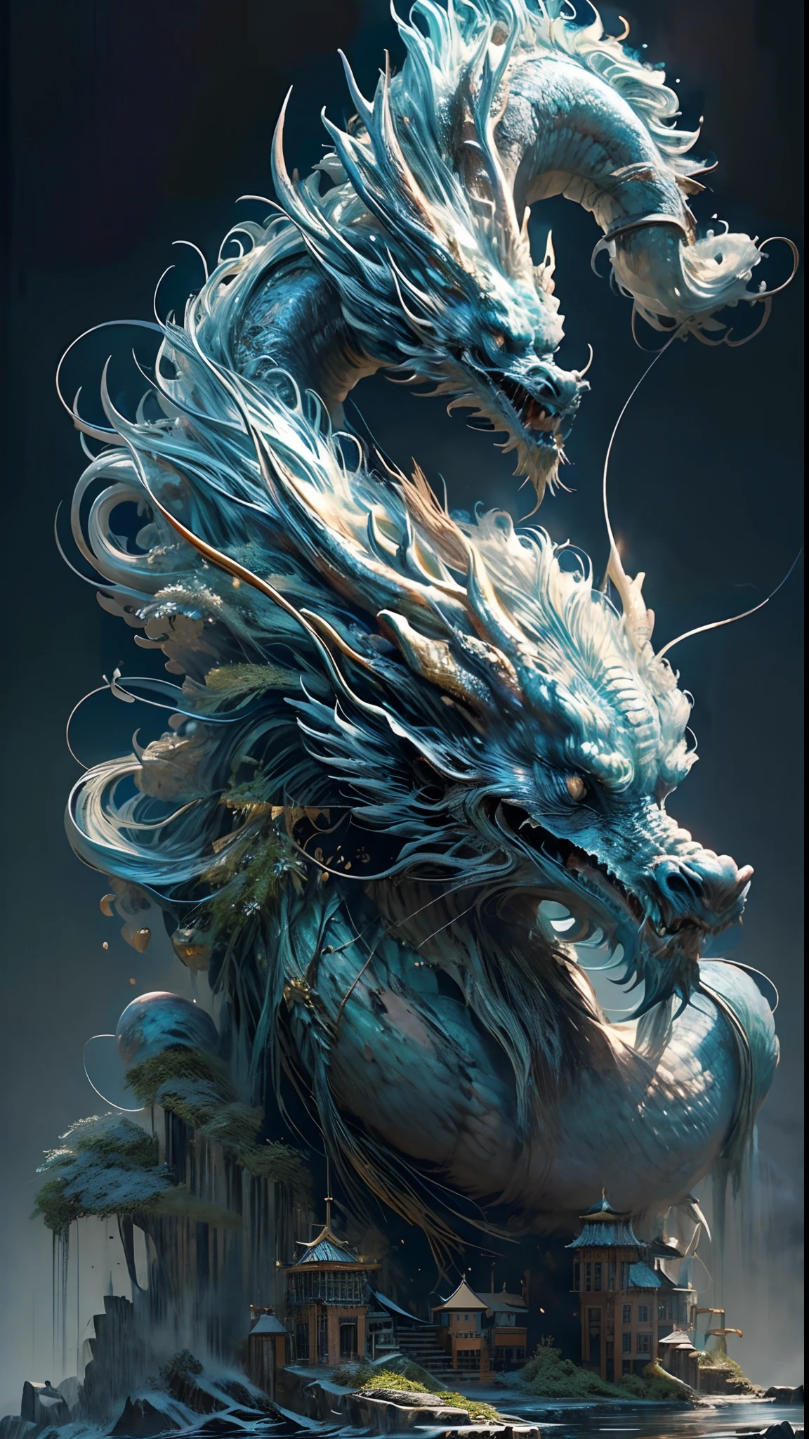 (Photo Raw, Better Quality), (realist, realist: 1.3), NVIDIA RTX Ray Tracing, Octane number expression, high resolusion, extremely delicate and beautiful, magnifica, finely detailed, masterpiece, ultra-detailliert, Haute, (The best illustrations), (Better shades), Convoluted, Long handsome Chinese man, Ancient hair stands on a mountain top shrouded in mist, a 20-year-old boy, Beautiful fece, No beard, delicated facial features, Dao Fairy Windbone, Clothes are white, immortal, beautiful Clothes, His left hand was raised above his head, Wield a luminescent green orb, Turn your back on the spectacle, In front of a giant blue Chinese Rong, (ron: 1.4), clouds, stormy, mountainscape, Sundown, foco nítido, Perfect Composite, Absurde, Fantasy, Convoluted, elegan, ighly detailed, Volumetric mist, 8K UHD, Digital SLR, hightquality, (movie grain: 1.4), FUJI XT3, art stations, Smooth and sharp focus, detailliert, award - winning photo, BLN-L24, Exposure, highly contrast, Cinematography Lighting.