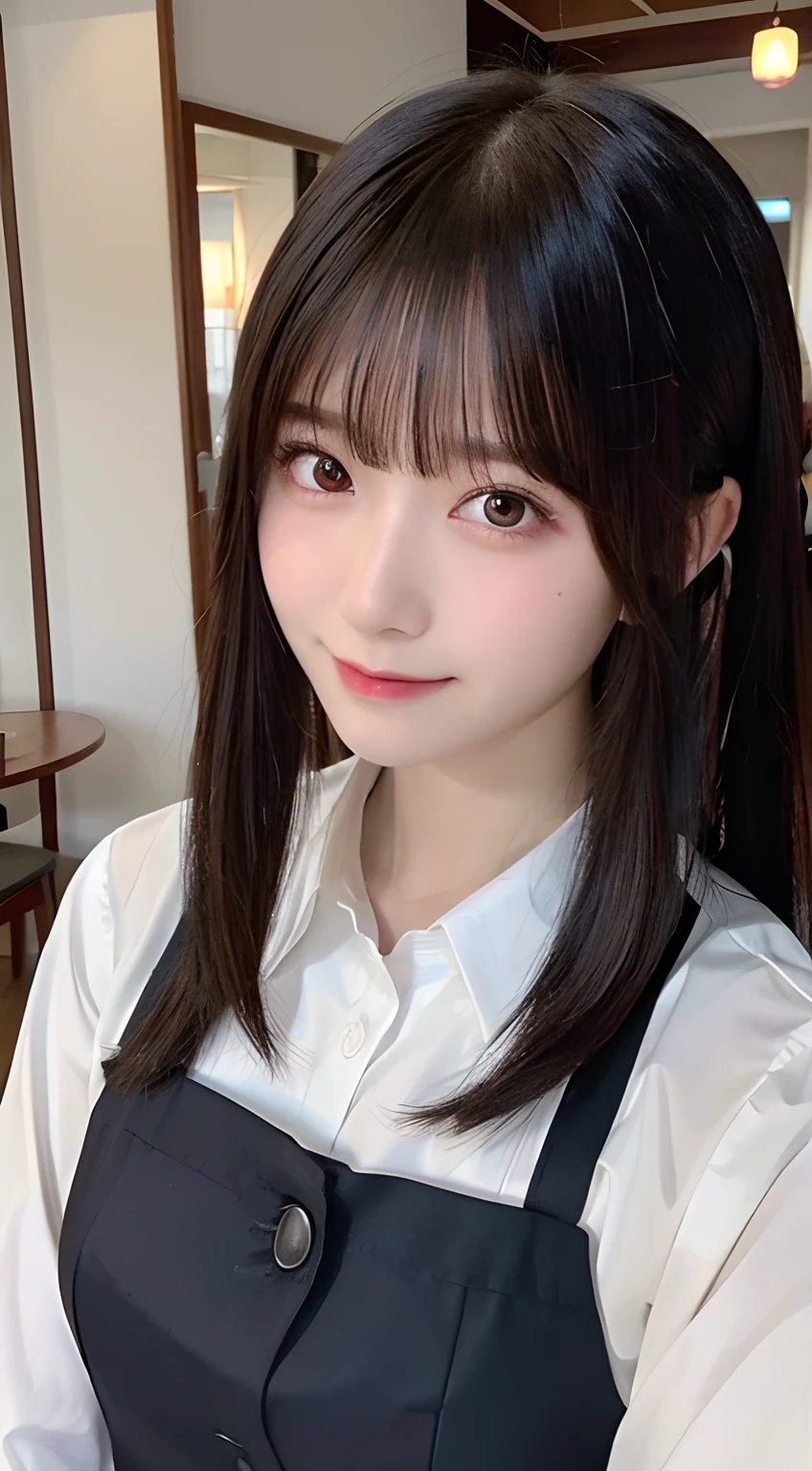 (top-quality,​masterpiece:1.3,超A high resolution,),(ultra-detailliert,Caustics),(Photorealsitic:1.4,RAW shooting,)Ultra-realistic capture,A highly detailed,High resolution 16K human skin close-up。 Skin texture is natural、,The pores are、Must be detailed enough to be easy to identify。 Skin should look healthy with even tones。 Use natural light and color,resturant,Waitress Uniform,女の子1人,japanes,18year old,kawaii,A dark-haired,poneyTail,large boob,smil,Turn your body to the front,(front-facing view:1.1),Looking at the camera,cowboy  shot,