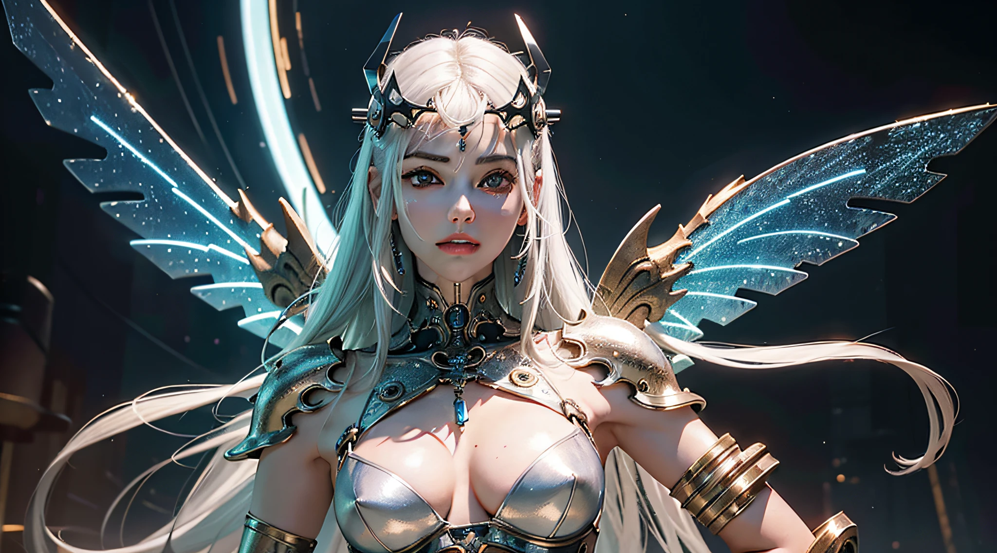 top-quality、masterpiece、超A high resolution、(Photorealsitic:1.4)、Raw photo、Steampunk Battle Cyborg Angel、large wings made of metal、White porcelain body、Acrylic Clear Cover、white hair、glowy skin、1 Cyborg Girl、((super realistic details))、portlate、globalillumination、Shadow、octan render、8K、ultrasharp、character edge light,Colossal tits、Raw skin is exposed in cleavage、Details of complex ornaments、Sumerian details、Hydraulic cylinder、Small LED lamp、highly intricate detail、Realistic light、a purple eye、radiant eyes、Facing the camera、neon details、cowboy shot、Futuristic headgear、About Cyberpunk、