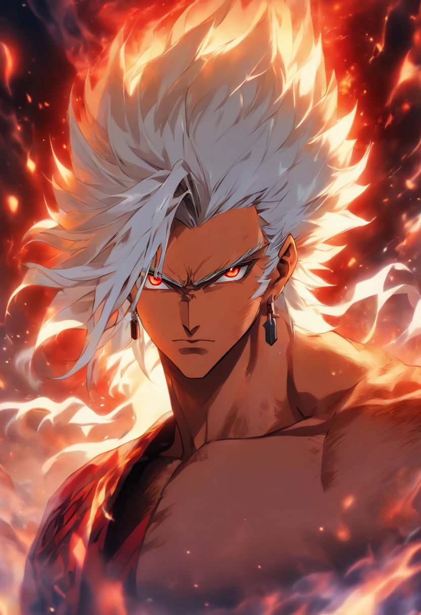 a male anime character with white hair and red eyes, character album cover, full art, antasy character, full art illustration, full portrait of elementalist, character profile art, official character art, official character illustration, merlin, high detailed official artwork, game key art, omoide emanon, oz, mobile game art, fangs, smurk, white hair, no shirt, muscular body, walking pose