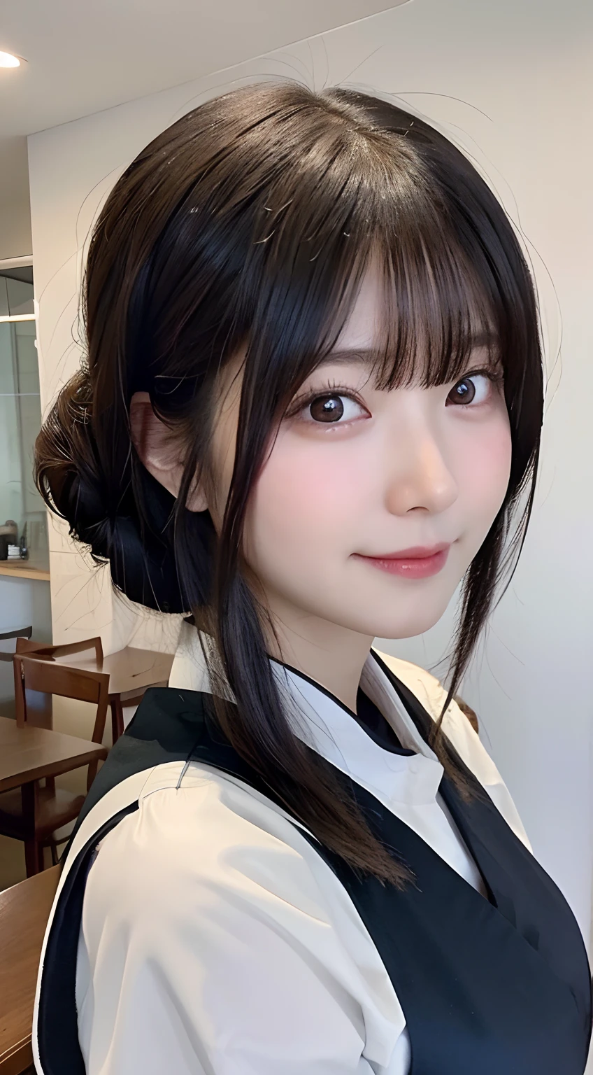 (top-quality,​masterpiece:1.3,超A high resolution,),(ultra-detailliert,Caustics),(Photorealsitic:1.4,RAW shooting,)Ultra-realistic capture,A highly detailed,High resolution 16K human skin close-up。 Skin texture is natural、,The pores are、Must be detailed enough to be easy to identify。 Skin should look healthy with even tones。 Use natural light and color,resturant,Waitress Uniform,女の子1人,japanes,18year old,kawaii,A dark-haired,poneyTail,large boob,smil,Turn your body to the front,(front-facing view:1.1),Looking at the camera,cowboy  shot,