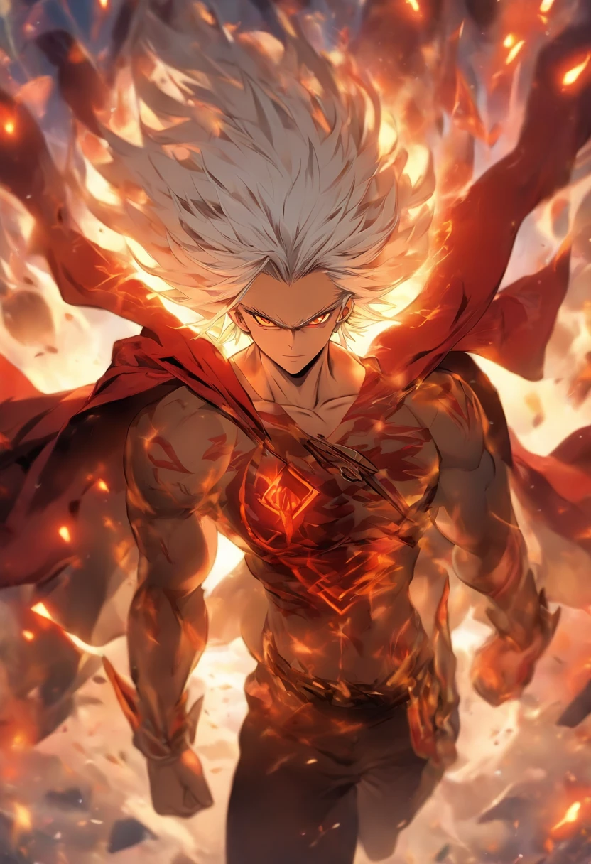 a male anime character with white hair and red eyes, character album cover, full art, antasy character, full art illustration, full portrait of elementalist, character profile art, official character art, official character illustration, merlin, high detailed official artwork, game key art, omoide emanon, oz, mobile game art, fangs, smurk, white hair, no shirt, muscular body, walking pose
