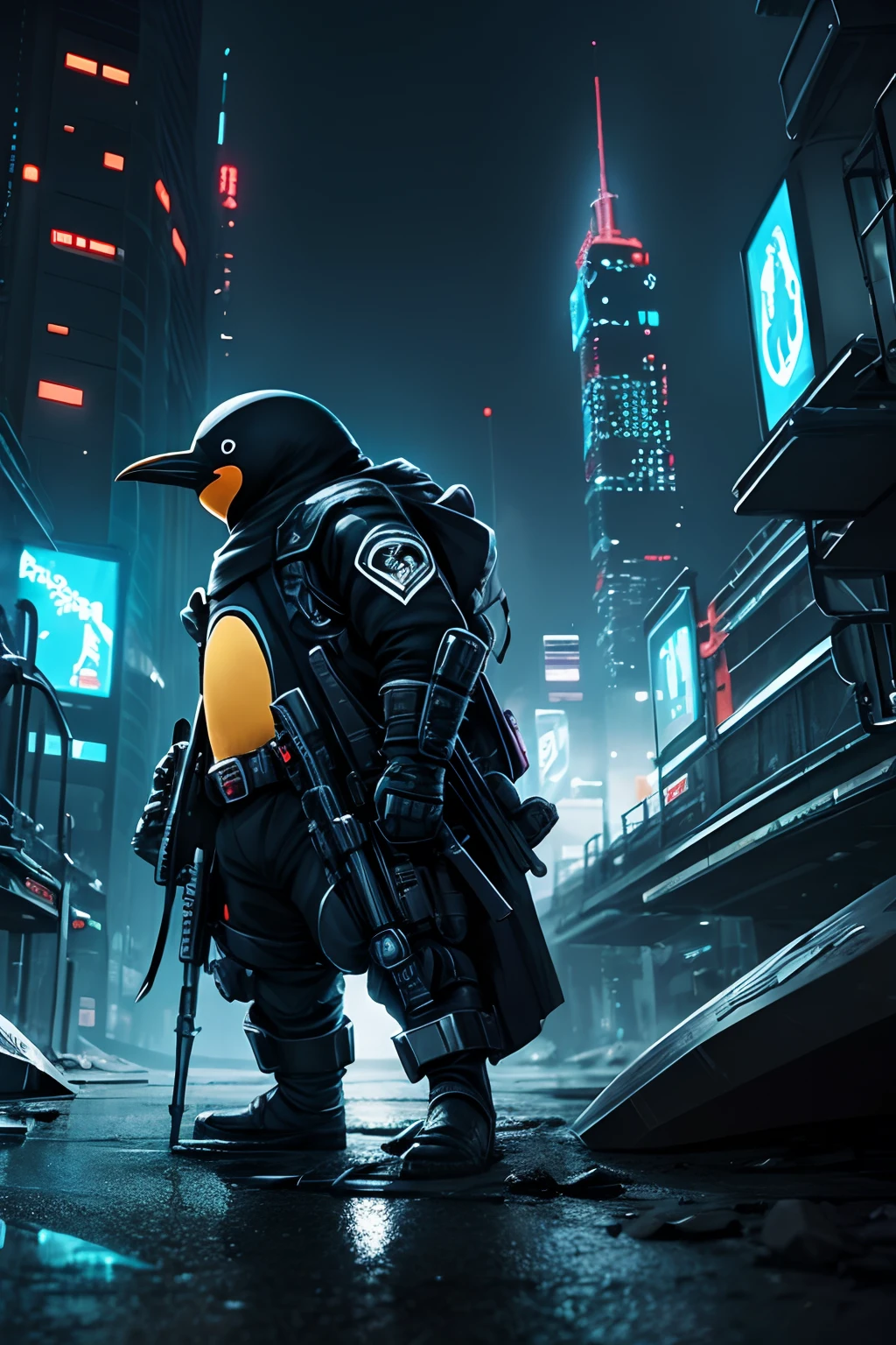 simple background、penguin、thick outline、concept-art、cyberpunked