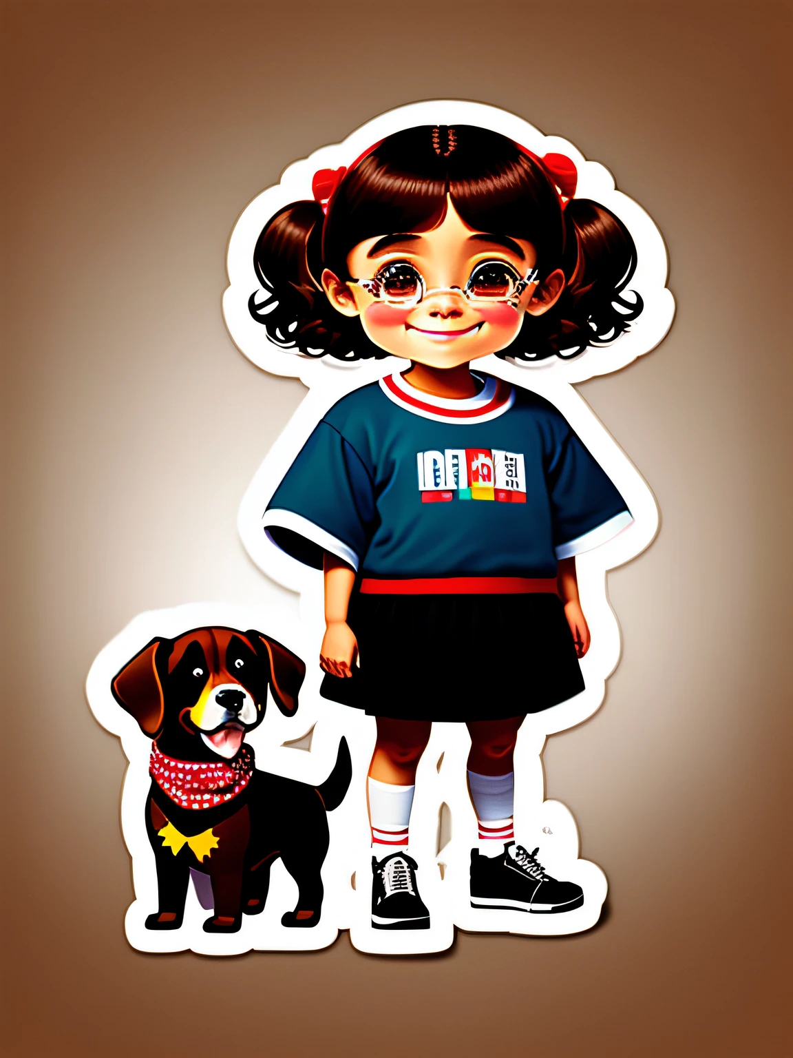 Laughing Brown Hair Child Stickers, com T-shirt ??? com Pinscher Toy Dog Dog Smiling Vector Print,, ( self de corpo inteiro) Art Station Trend, vestido com roupas estilosas, hyper realistic detailed rendering, olhos vivos, olhos brilhantes, Brinquedo, Estilizado, arte vetorial, Estilo italiano, Estilo urbano, Pose estilosa de modelo , roupas da moda, West Slavic traits, 8 1 5