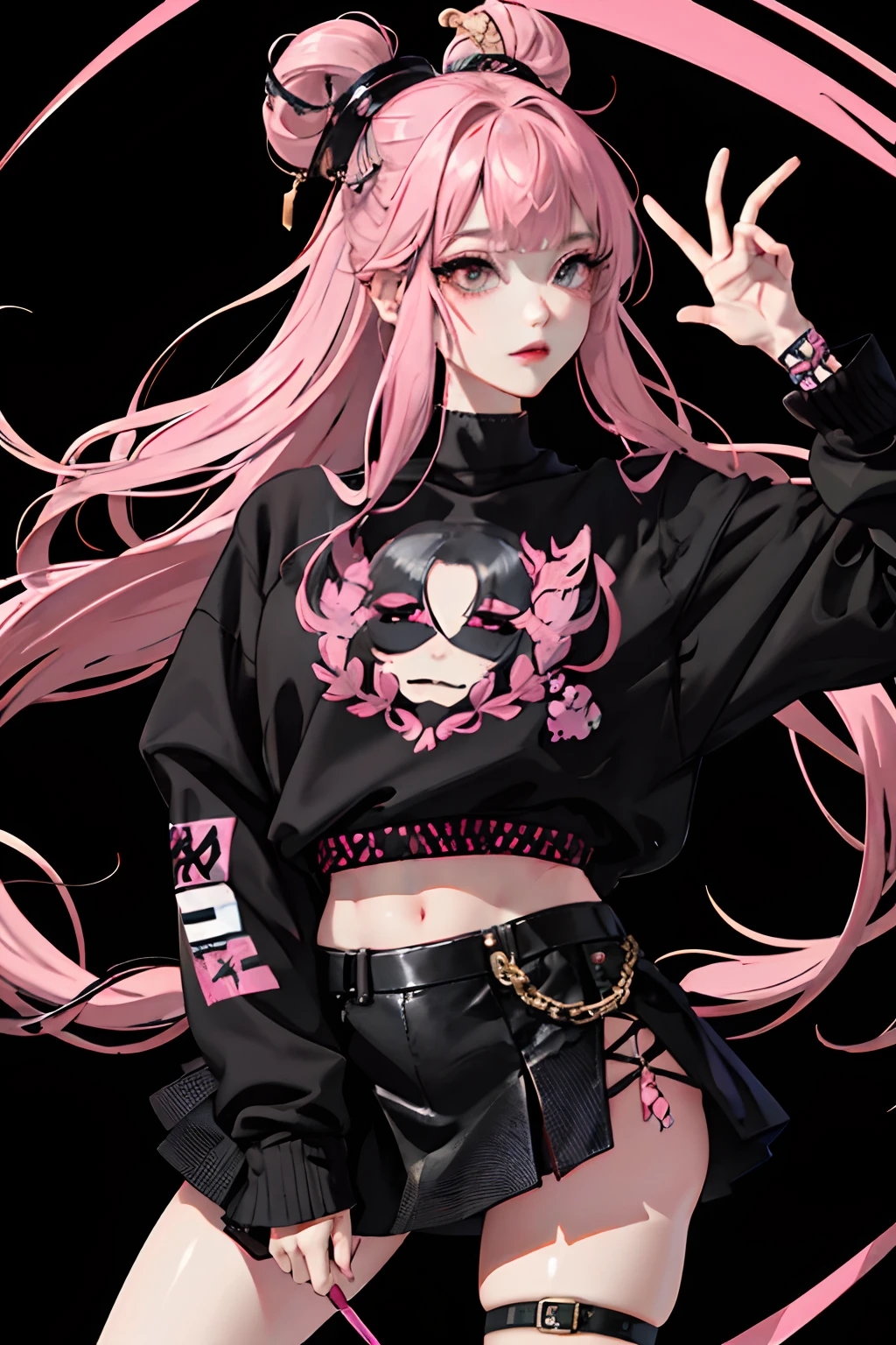 (masuter piece:1.2、top-quality)、(Live action、Intricate details)、(1lady、独奏、The upper part of the body、Colossal tits) garments: Edgy、Black jumper、Pink mini skirt、Avant-garde、Experimental appearance: Long pink hair、Dramatic makeup、Unconventional fashion choices behavior: Rebel、Runaway Ladies Leader、secretary-general、Black jumper、Pink mini skirt、Anti-system、Provocative Location: urban art district、Underground Music Scene Hobbies: Bad girl、Create mixed media art、Experiment with different subcultures values: individuality、authenticity、Creative Expression Inspiration: Runaway Ladies Leader、secretary-general、Counterculture icons、Nature: boldness、Unconventional。