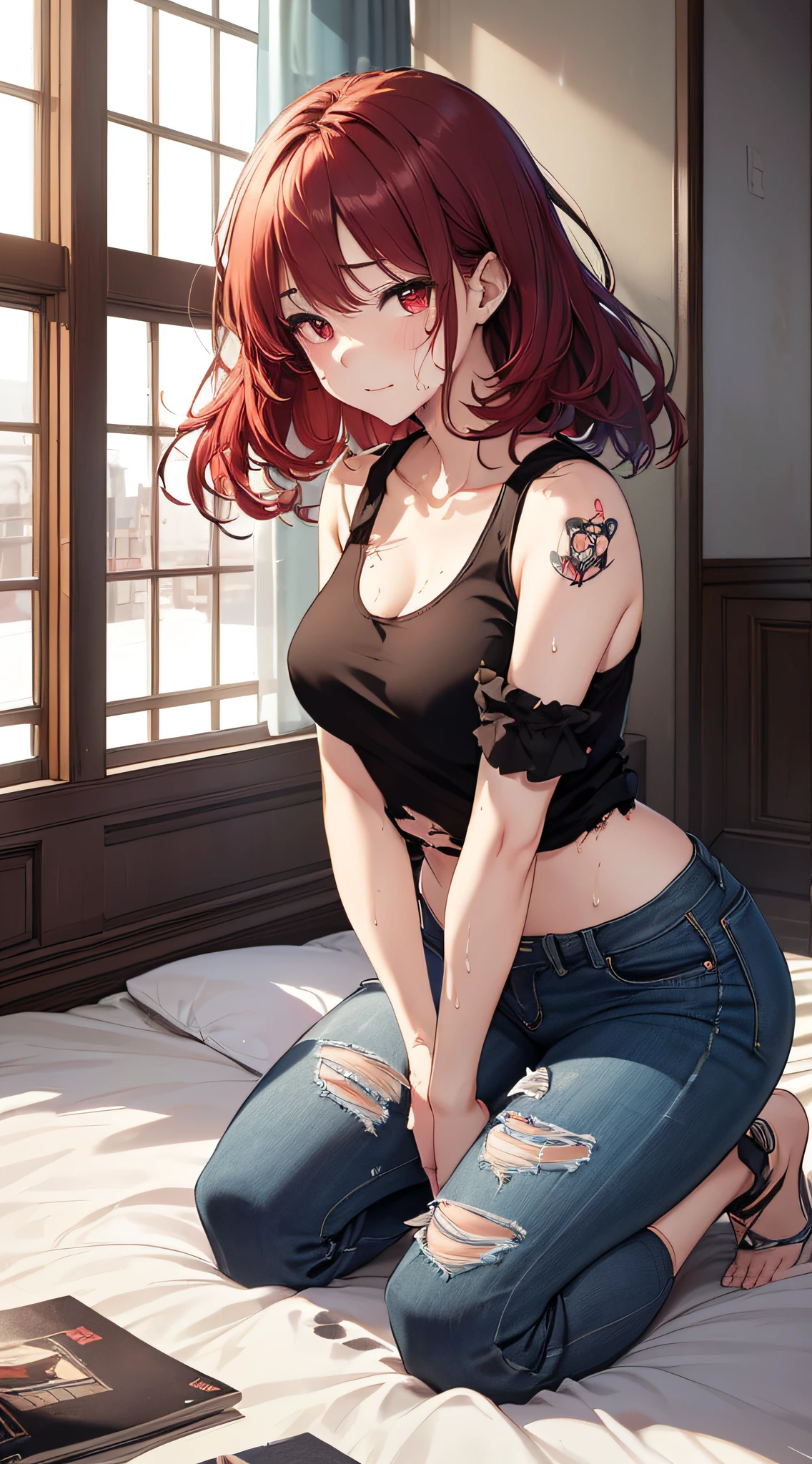 top-quality、Top image quality、masterpiece、teens girl((,My whole body is full of wounds、Black tattered tank top,Tattered blue long pants、Best Bust、Bust 85、Red-haired、short-cut,Red eyes、open chest wide、Valley、Happiness、A slender、the whole body is wet、Falling to the floor、Kneeling、Leaning forward、Tsundere、on the beds))hiquality、Beautiful Art、Background with((Nice hotel、a bed))、masutepiece、Elaborate design、visualart、Theatrical films