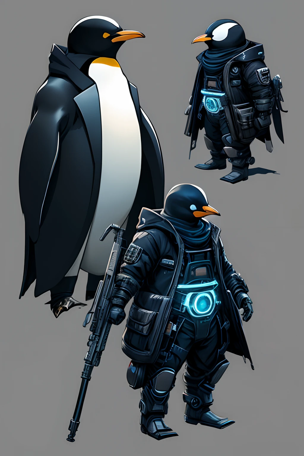 simple background、penguin、thick outline、concept-art、cyberpunked