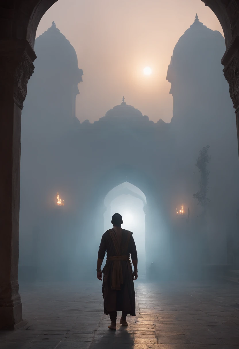 masterpiece，best qualtiy， cinematic light，offcial art, movie wallpapers,Very detailed CG unified 4k wallpaper， Complicated details, full body shot placing the four main characters prominently in the foreground, Show Amir muslim character in front and Leyla in guardian attire, looking determined and protective of the glowing artifact. Rajendra is a indian character can have a mystical aura around him, and Livia can hold an open ancient scroll with mysterious symbols. Emphasize their unity and the sense of danger. Add an eerie bluish glow to the artifact to make it stand out and hint at its power. background Palace exterior at night, with dimly lit windows and eerie mist creating a sense of mystery. Enhance the mist and shadows to create a sense of suspense.