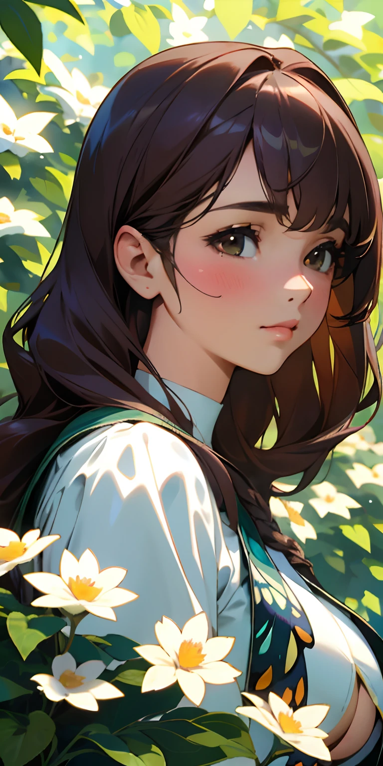 (best quality, masterpiece, ultra-realistic), portrait of 1 beautiful and delicate girl, with a soft and peaceful expression, the background scenery is a garden with flowering bushes and butterflies flying around.