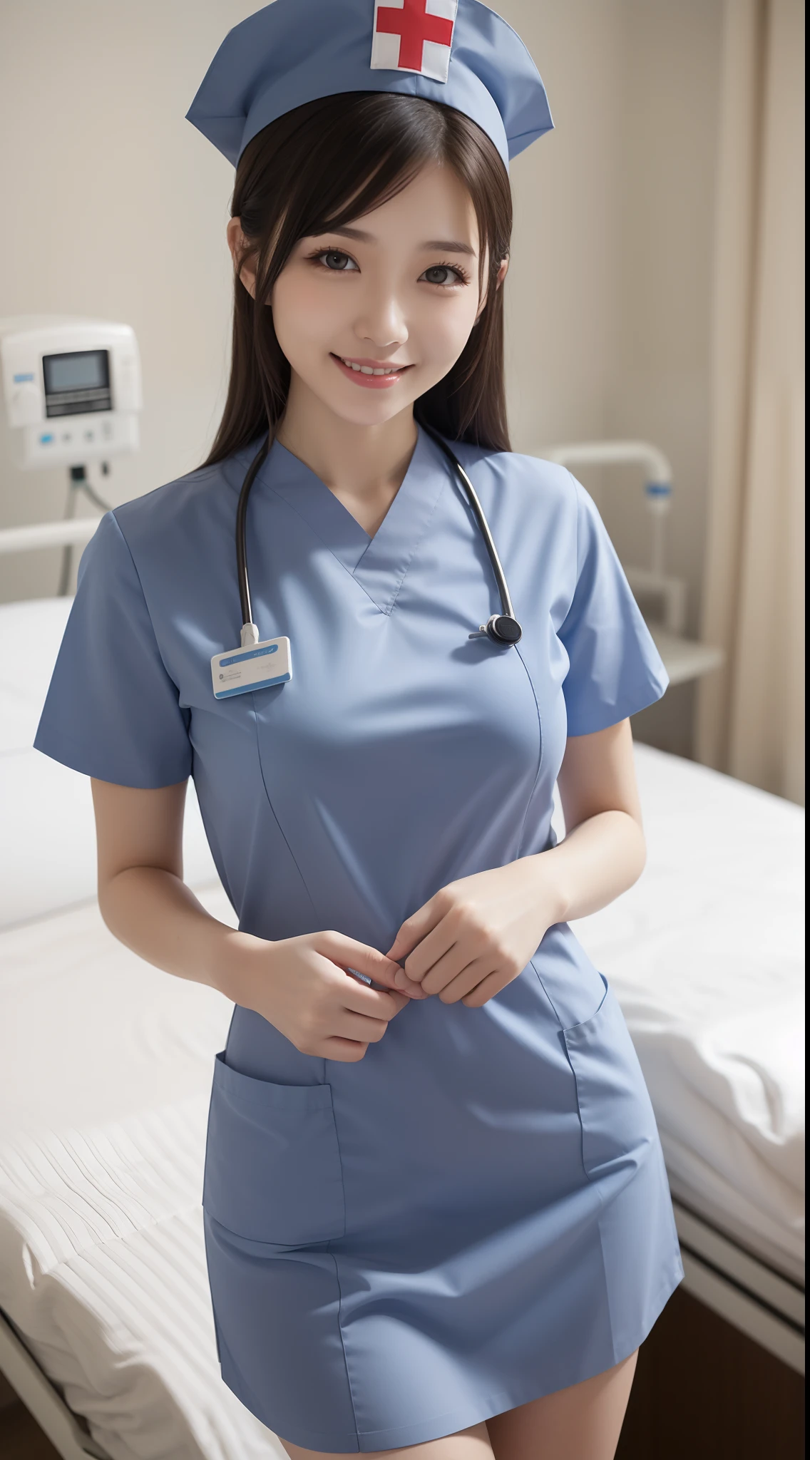 Beautiful female nurse in medium breasts and very tight short light blue nurse clothes, Nurse's Cap、 nurse's outfit、Nurse Clothing Skirt、A dark-haired, tonned skin, Hospital Room, A smile、A sexy、