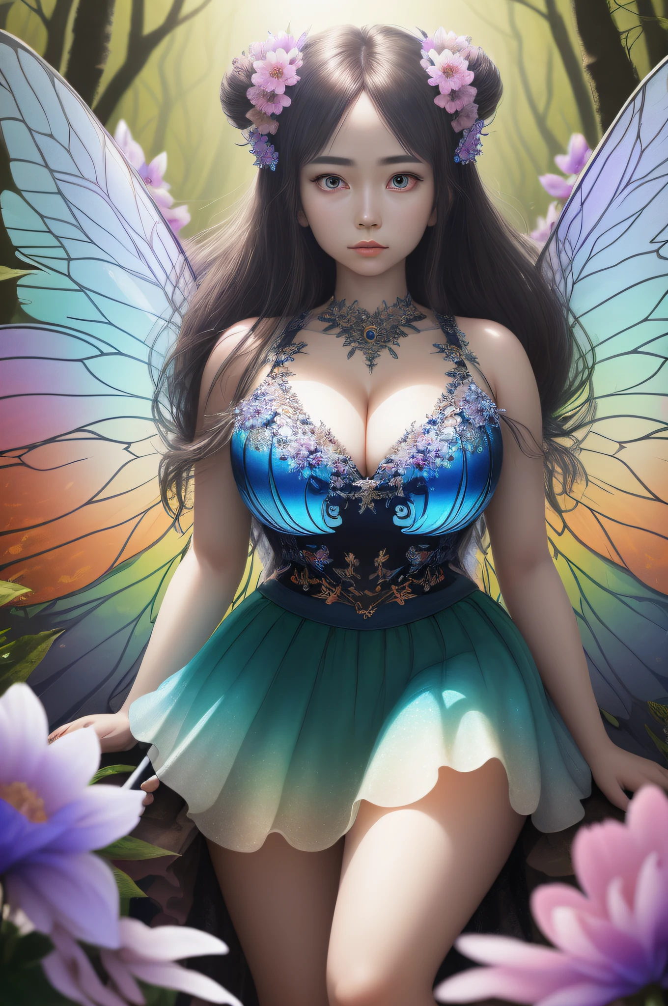 Gradient Eyes, the woods,Night Moon,Mini cute 3 flower fairy, Chubby toot,Skirt made of petals,Huge flowers,Colorful colorful,Transparent and colorful wings, magic wands,closeup cleavage,Optical attenuation,glow effect,depth of fields,Highlight,Real Light,Ray traching,OC rendering,Hyper-realistic,best qualtiy,8K,Works of masters,super-fine,Detailed pubic hair,Correct anatomy,sharp focus on eyes,Bokeh,Facial features are carefully drawn,in style of hayao miyazaki,Miyazaki Animation Style