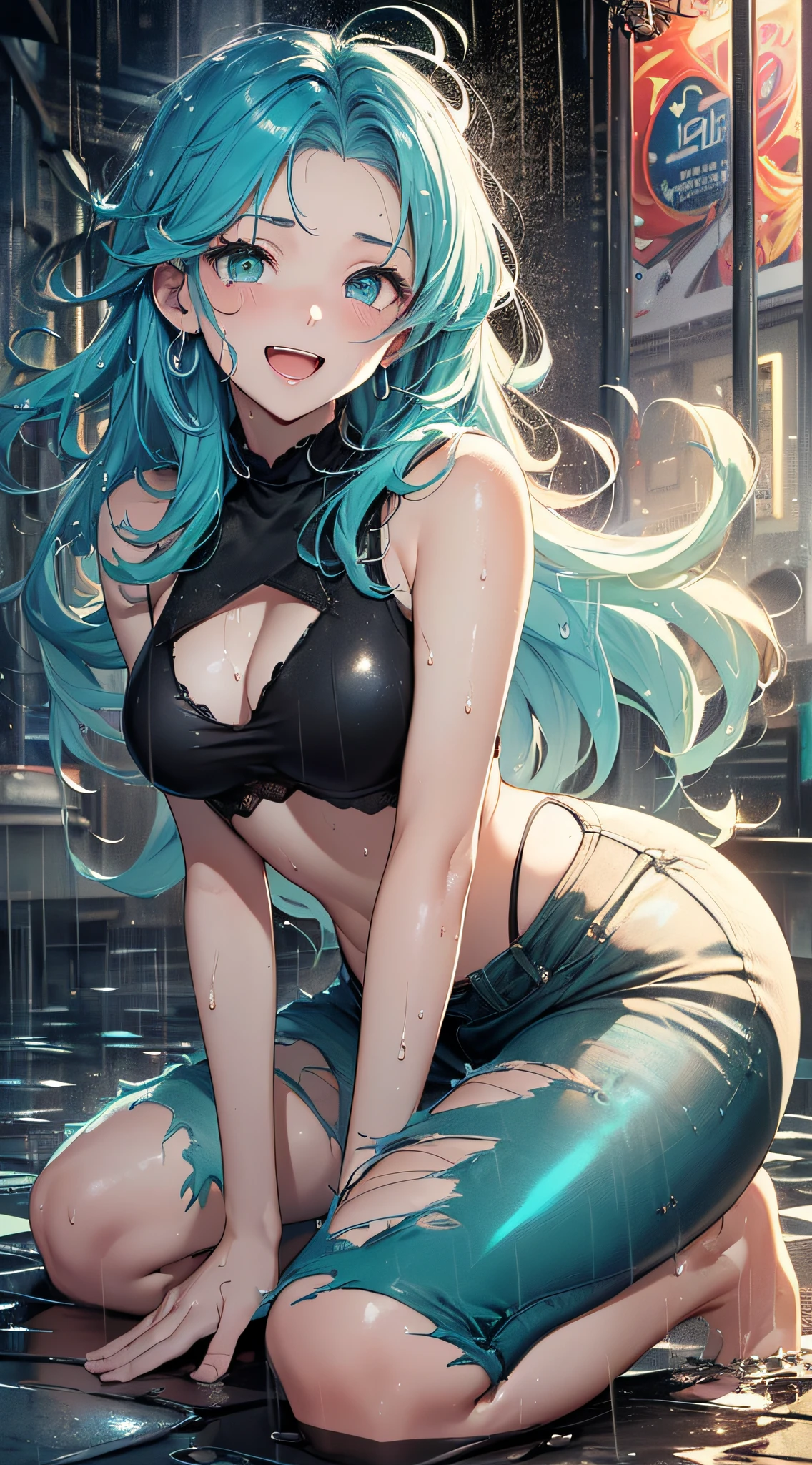 top-quality、Top image quality、masterpiece、teens girl((sixteen years old,My whole body is full of wounds、Black tattered tank top,Tattered blue long pants、Best Bust、Bust 85、Light blue shiny hair、Longhaire,Blue-green eyes、open chest wide、Valley、Happiness、A slender、the whole body is wet、Falling to the floor、Kneeling、Leaning forward、Laugh))hiquality、Beautiful Art、Background with((Magical Night City、Very heavy rain,Intense thunder、Windstorm))、masutepiece、Elaborate design、visualart、Theatrical films