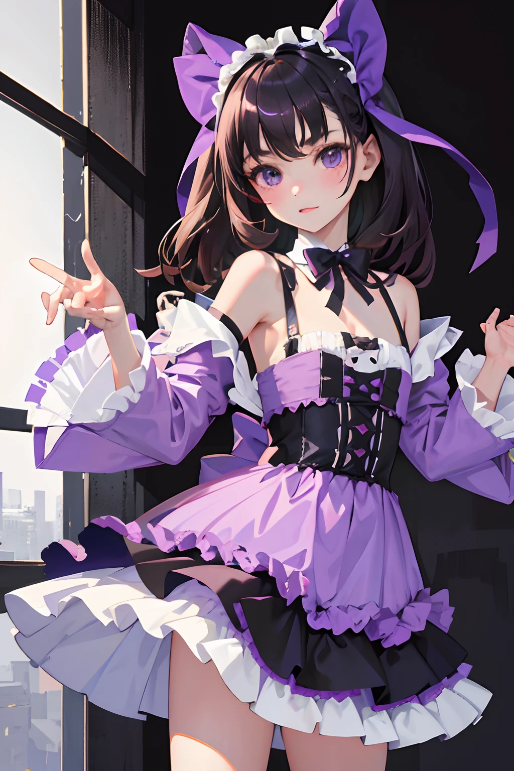 (masterpiece,Highest Quality),(),a miniskirt,Purple Lolita Clothes,(A dark-haired,Twin-tailed),embarrassed from,Delicate body,petite body,Shoulder