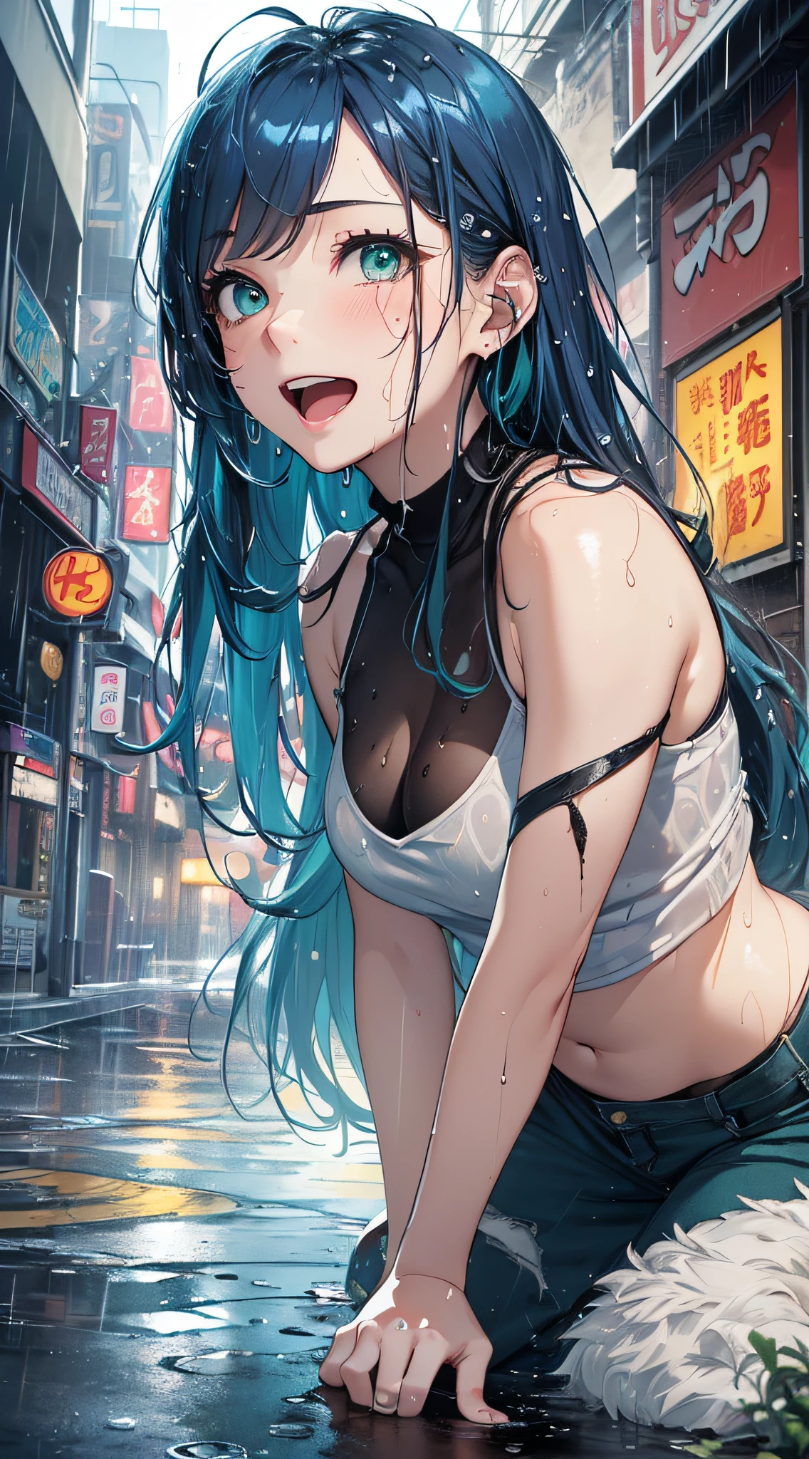 rave girl,(((1girl))),((girl with extremely cute and beautiful hair)),((Asian features)), (((big breasts: 1.6))), (((neon hair: 1.55, wild hair, long hair: 1.8, colored inner hair, breathing in the ears))), (((neon_eyes: 1, 4))), intricate eyes, beautiful detailed eyes, symmetrical eyes, slanted eyes: 15,((((skin shiny: 1.8, shiny skin: 1.8, shiny skin, very shiny skin, shiny body, plastic shiny skin, exaggerated shiny skin, shiny skin, wet legs))),(spider lower abdomen, narrow waist, five fingers, perfect hands,
athletic body, detailed body, (perfect ass), (((detailed face))),((perky nipples)), cute, slutty, seductive, erotic, (((nsfw))), zettai ryouiki, revealing clothes, skin show, ((transparent shirt), ((wet clothes, complex clothes, complex clothes)),(((underboob))),(((Underboob))),(porn star, sexy pose), cyberpunk city at seaside at night with glowing signs, neon lights and dark storm clouds and puddles, scenery: 1.25, night, starry night, cosmos, very dark night that highlights neon lights, very bright neon lights, artistic photography , (photo taken by sldr), high resolution, sharp focus, (ultra detailed, extremely detailed), art (photorealistic): 1.37), (extremely detailed Unit CG 8k wallpaper), ((synthwave background theme) ), (((vibrant colors))), intricate, (intricate background), (masterpiece), (best quality), perfect rendered face, perfect face details, realistic face, realistic photo, analog style, ((details intricate)), (((realism)) ),