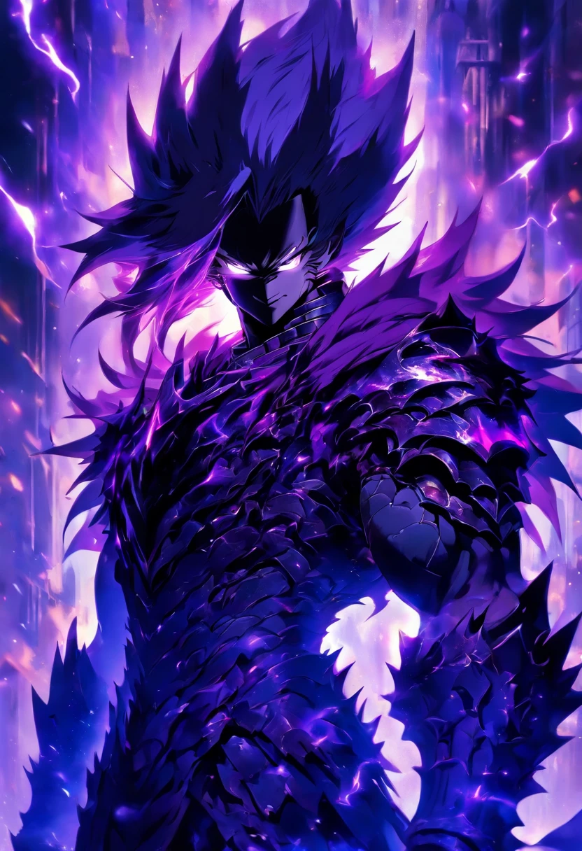 a male anime character with black and purple hair and purple eyes, character album cover, full art, antasy character, full art illustration, full portrait of elementalist, character profile art, official character art, official character illustration, merlin, high detailed official artwork, game key art, omoide emanon, oz, mobile game art, mean face , black and purple hair, spiked dark armor, walking pose, purple flames, dark castle on the background, full body armor, dark knight