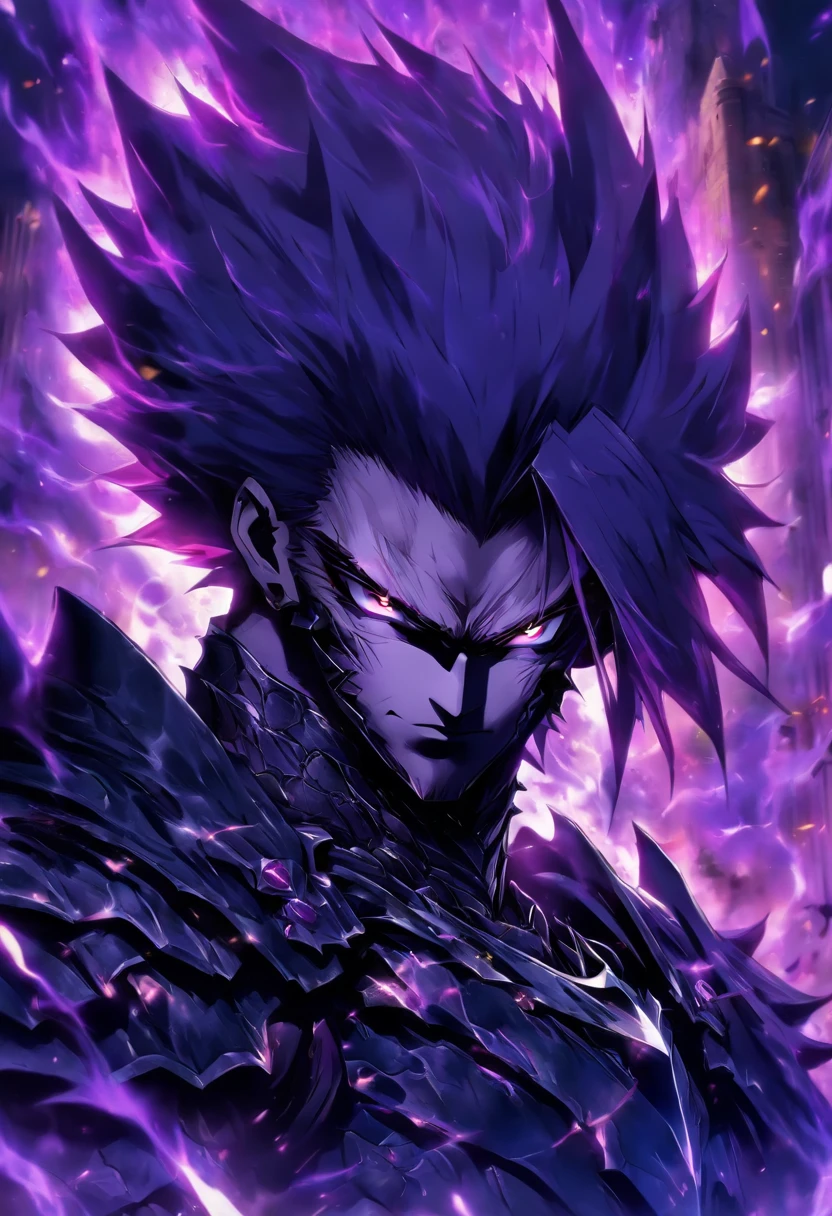 a male anime character with black and purple hair and purple eyes, character album cover, full art, antasy character, full art illustration, full portrait of elementalist, character profile art, official character art, official character illustration, merlin, high detailed official artwork, game key art, omoide emanon, oz, mobile game art, mean face , black and purple hair, spiked dark armor, walking pose, purple flames, dark castle on the background, full body armor, dark knight