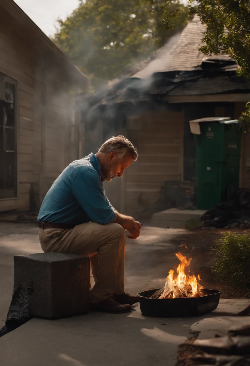 A man sitting on his front porch reading the bible, a garbage truck on the street out front has just exploded and is on fire, make him have realitivly short hair with a middle part.