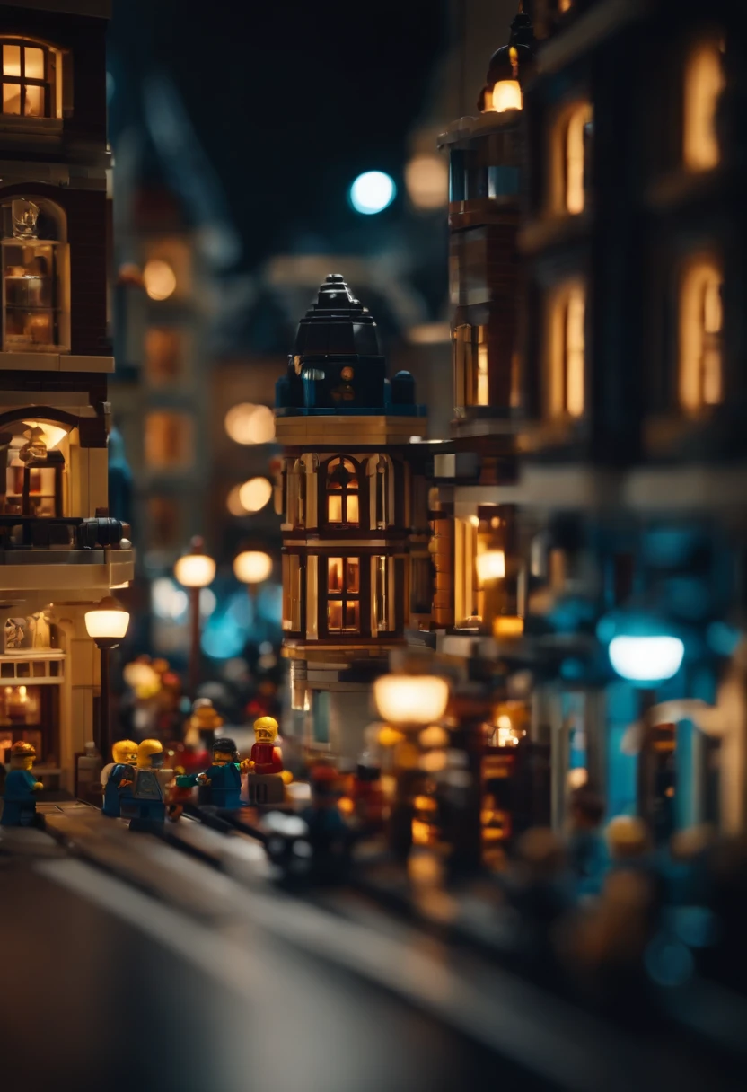 Lego creation of a bustling cityscape, intricate details, vibrant colors, playful atmosphere, imaginative, dynamic lighting, 4k resolution