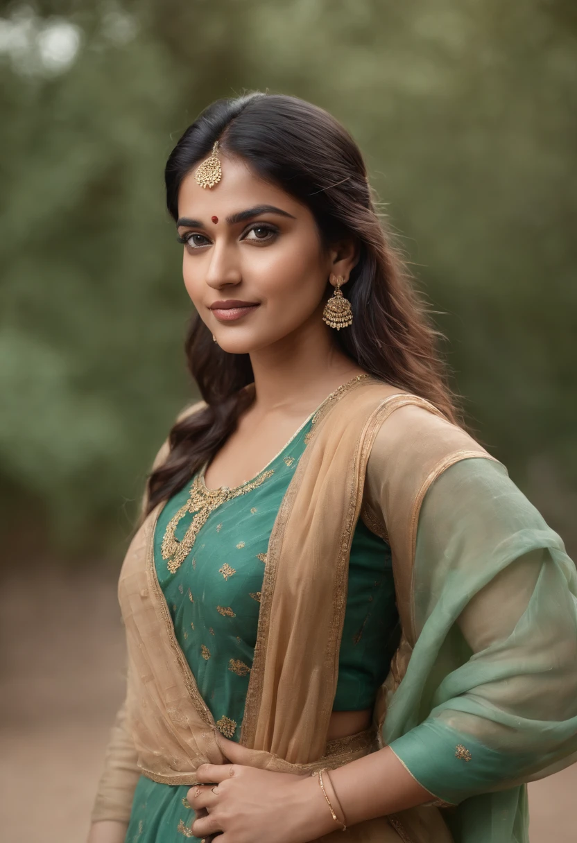 full body portrait of a confident Indian woman in a Equestrian look, 20 years old, confident, top notch 3d model, extremely beautiful, realistic, intricate facial details, no flowing capes, high quality, super detailed, hyper realistic, 8k, studio photo laughing at the camera