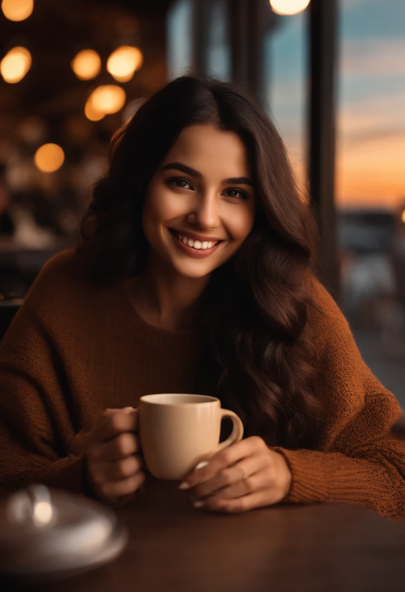 Cute black long straight hair brown eyes round face girl wearing brown sweater sitting in café drinking coffee, Sunset, toothy smile without bangs, holding a poodle puppy in your arms