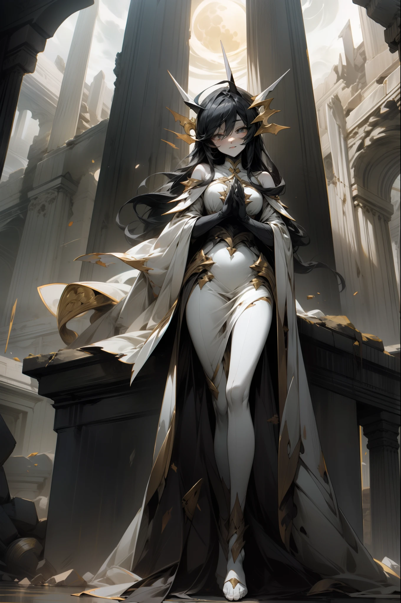 Seven Rhaeyar, Ancient Star goddess, Perfect female anatomy (Adult Female, 166cm in height, pale skin, slim, slender, 34D breast size, Dark Orange Eyes with beautiful details, Long Straight Black Hair, Beauty Mark Mole on right cheek bone, a set of black horns on her head), Neutral facial expression, Elegant white dress with black bow tie, blue coat knee length, dragon motifs, gold and rope accessories, receiving light from the front, Ethereal glow, surrounded by her shrine maidens at the entrance to her dark throne room