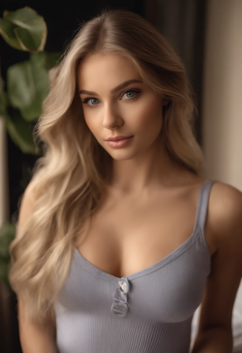 Arafed Full Woman, Sexy Girl with Blue Eyes, , Ultra Realistic, Meticulously Detailed, Portrait of Sophie Mudd, Blonde Hair and Big Eyes, Selfie of a Young Woman, Bedroom Eyes, Violet Myers, No Makeup, Natural Makeup, Looking Directly at the Camera, face artgram, subtle make-up, Impressive photo of the whole body kneeling on the bed, In the bedroom, Medium and large size chest, allowing the face to be seen clearly, portrait