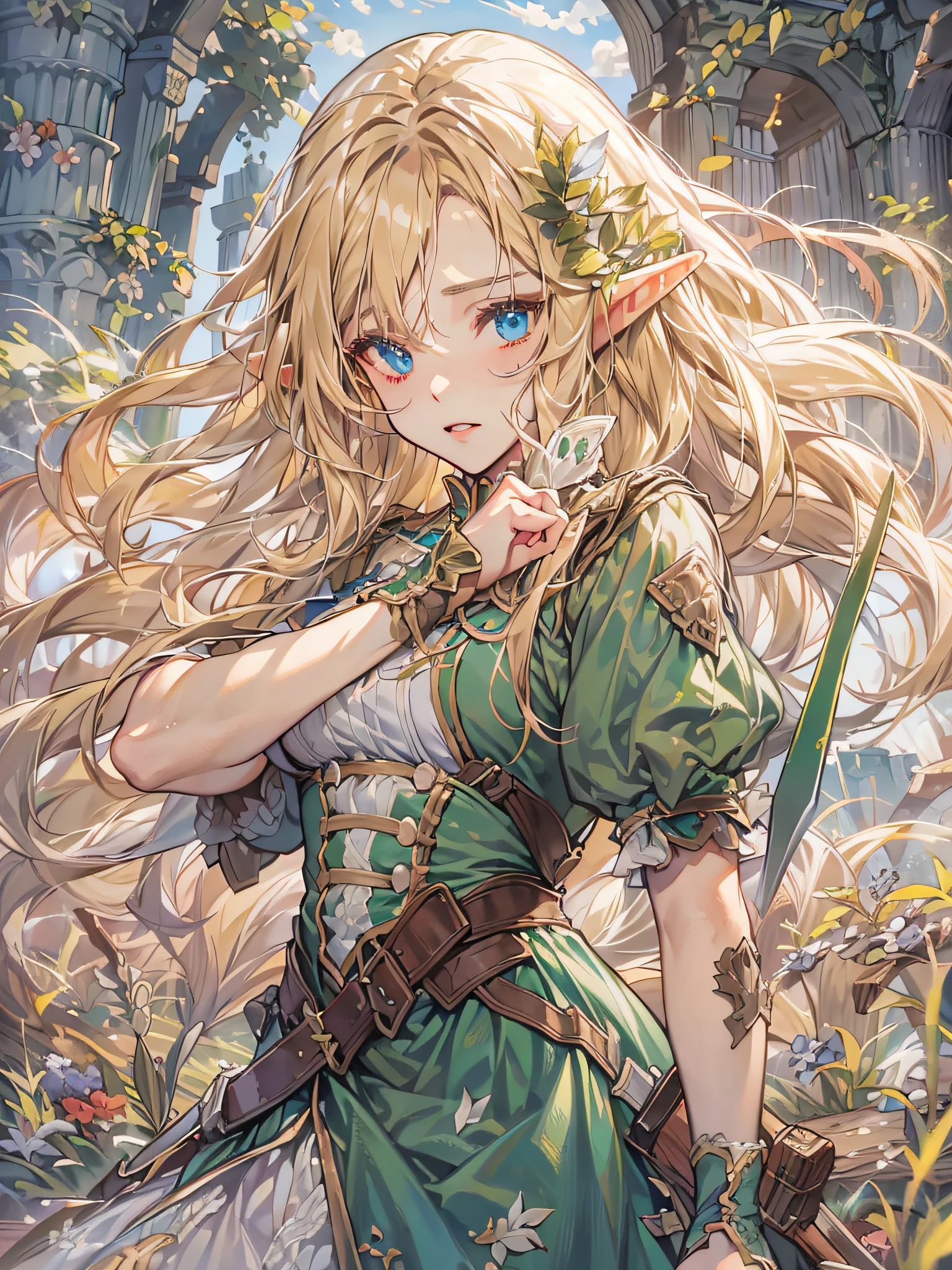 elf girl, blonde long hair, blue eyes, green dress, having a short sword, Ruins of an old castle, at the grasslands